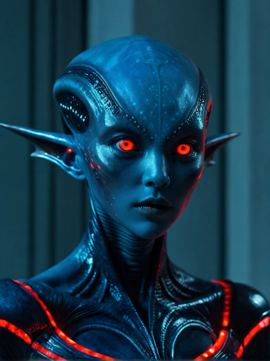 (A strange looking female alien:1.4), Red-glowing eyes, open mouth, Sharp Teeth, Mucus, Aesthetic physique, (Strange looking alien), Fighting Stance, Artistic Photo, 8k, Looking at the camera, Light background, Pretty Face, Blue Skin，Large Breasts。