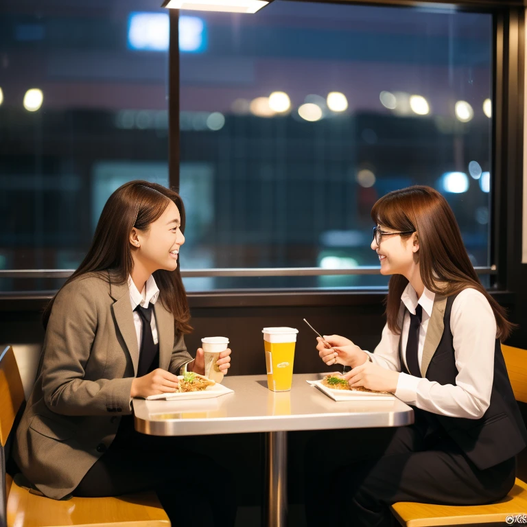 A student couple enjoying a meal at a fast food restaurant、The uniform is a blazer for both men and women.、Talking with a lovely smile、In the background you can see the city during the day.、Outside the window is beautiful、High-definition images like those taken with a high-end camera、love、Brown Hair、Beautiful woman holding glasses and a cup