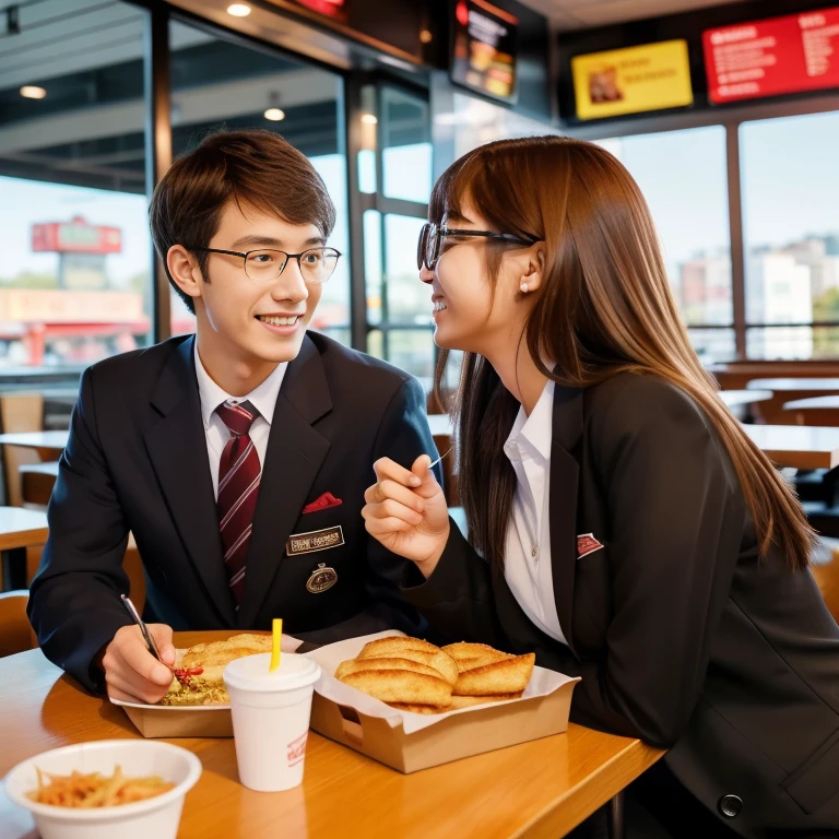 A student couple enjoying a meal at a fast food restaurant、The uniform is a blazer for both men and women.、Talking with a lovely smile、In the background you can see the city during the day.、Outside the window is beautiful、High-definition images like those taken with a high-end camera、love、Brown Hair、Beautiful woman holding glasses and a cup