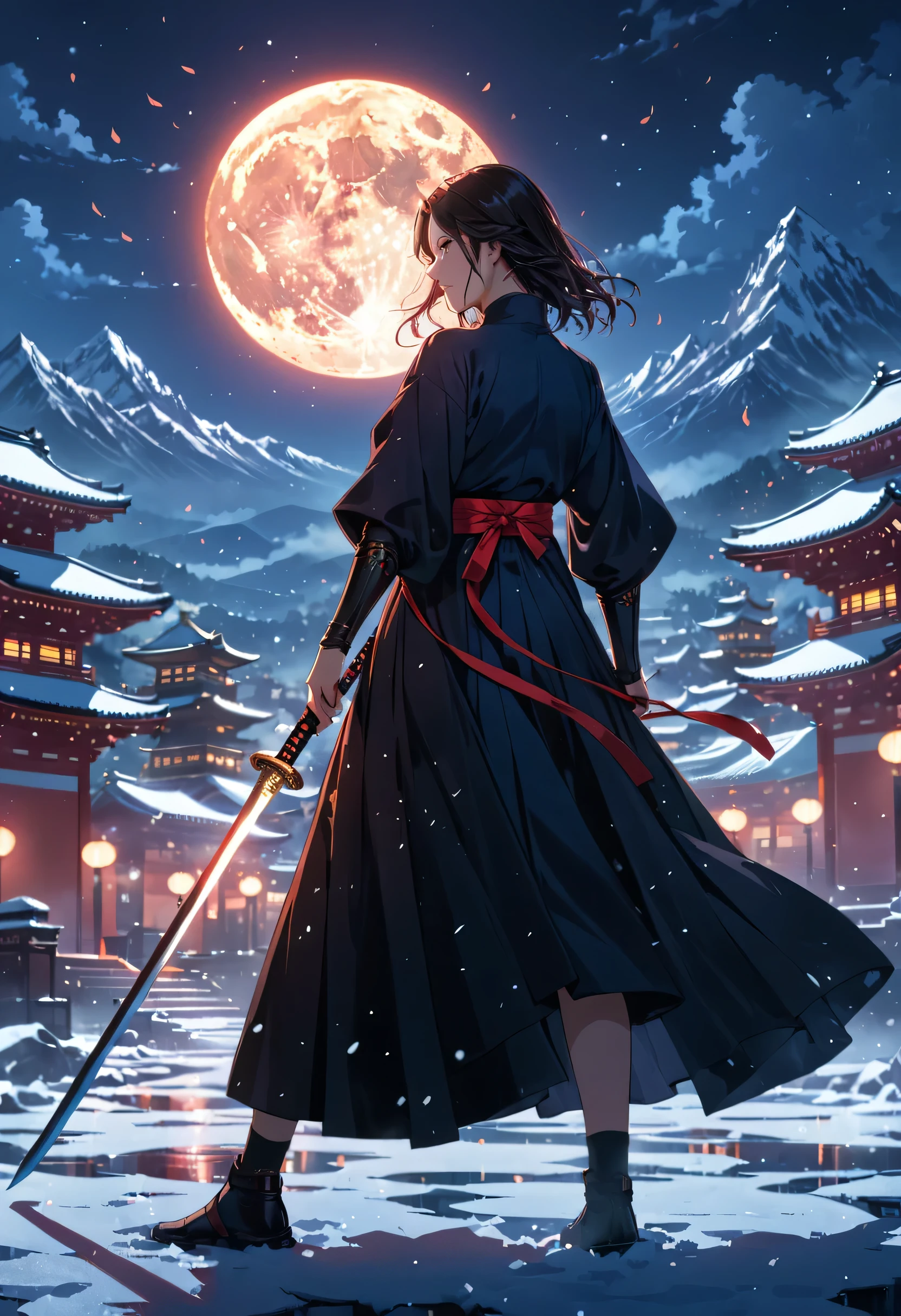 masterpiece, highest quality, (Highly detailed CG Unity 8k wallpaper), (highest quality), (Best illustrations), (Best Shadow),Female Swordsman, 28 years old, Japanese sword, stance,moonlight, snow, chaos,