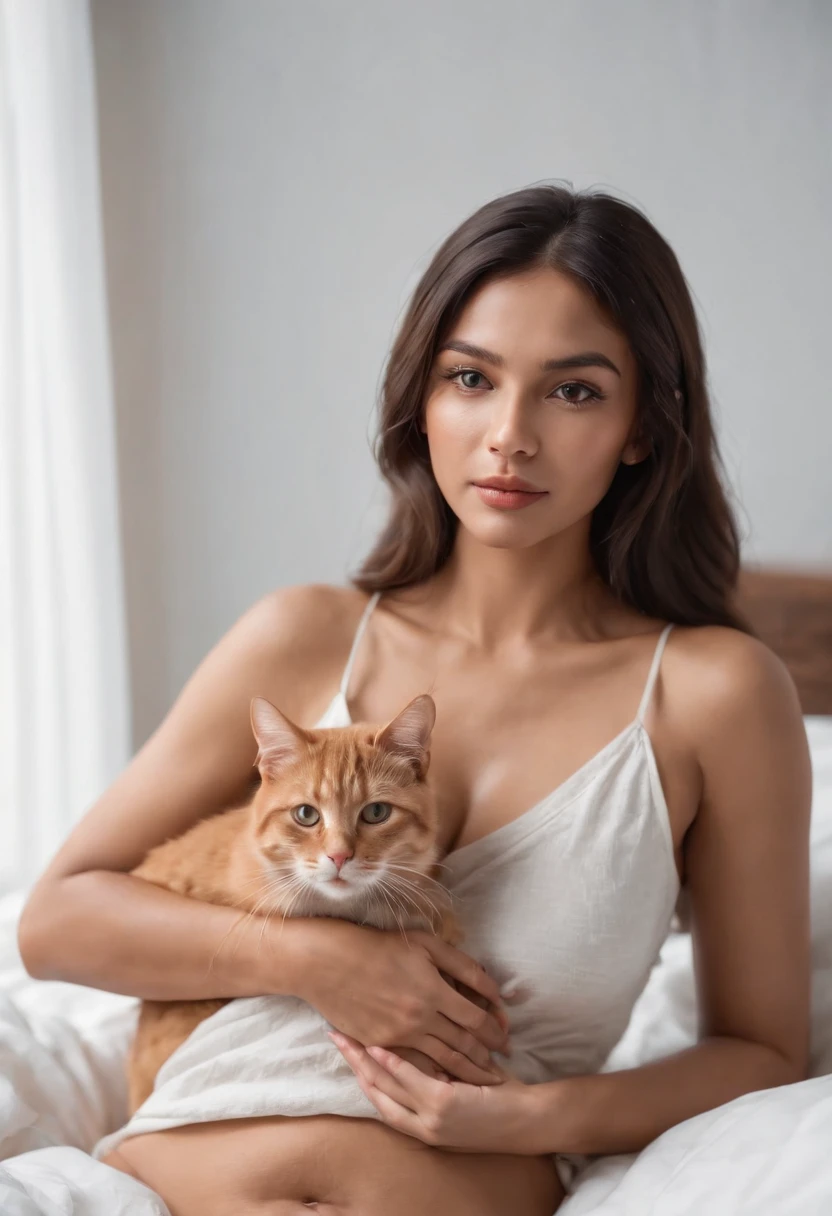 a tan skin woman dressed in a deep V-neck cami top, lying in her bed, holding her cat against her stomach, 80s style, half body shot, high quality photo