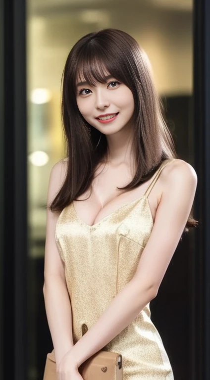 8K, masutepiece, Raw photo, Best Quality, Photorealistic, Highly detailed CG Unity 8k wallpaper, depth of fields, Cinematic Light, Lens Flare, Ray tracing, (Extremely beautiful face, Beautiful lips, Beautiful eyes), intricate detail face, ((Ultra detailed skin)) 1girl in, In the Dark, deepshadow, Pretty Korean girl, Kpop Idol, 1 girl, (Very slim and slender fit muscular body:1.3), ((Looking at Viewer)),(Big smile:1.3), (Fashion City Night, a dark night, (Neon sign), (Blurred background), Fashion Street Night),(No people in the background:1.3), pantyhose, Clear eyes, Walking, (pale skin), (Big eyes), Face forward, (Brown hairs), (Full body shot), ((Silk beige Color Dress:1.3)), ((tight fit dresses)), ((laced dress)), (Looking at Viewer:1.3), opened breast, Very slim, medium breasts, Before the eyebrows,(Tight Dress), thick thighs, ((I can see her cleavage)),D cup breasts,barefoot