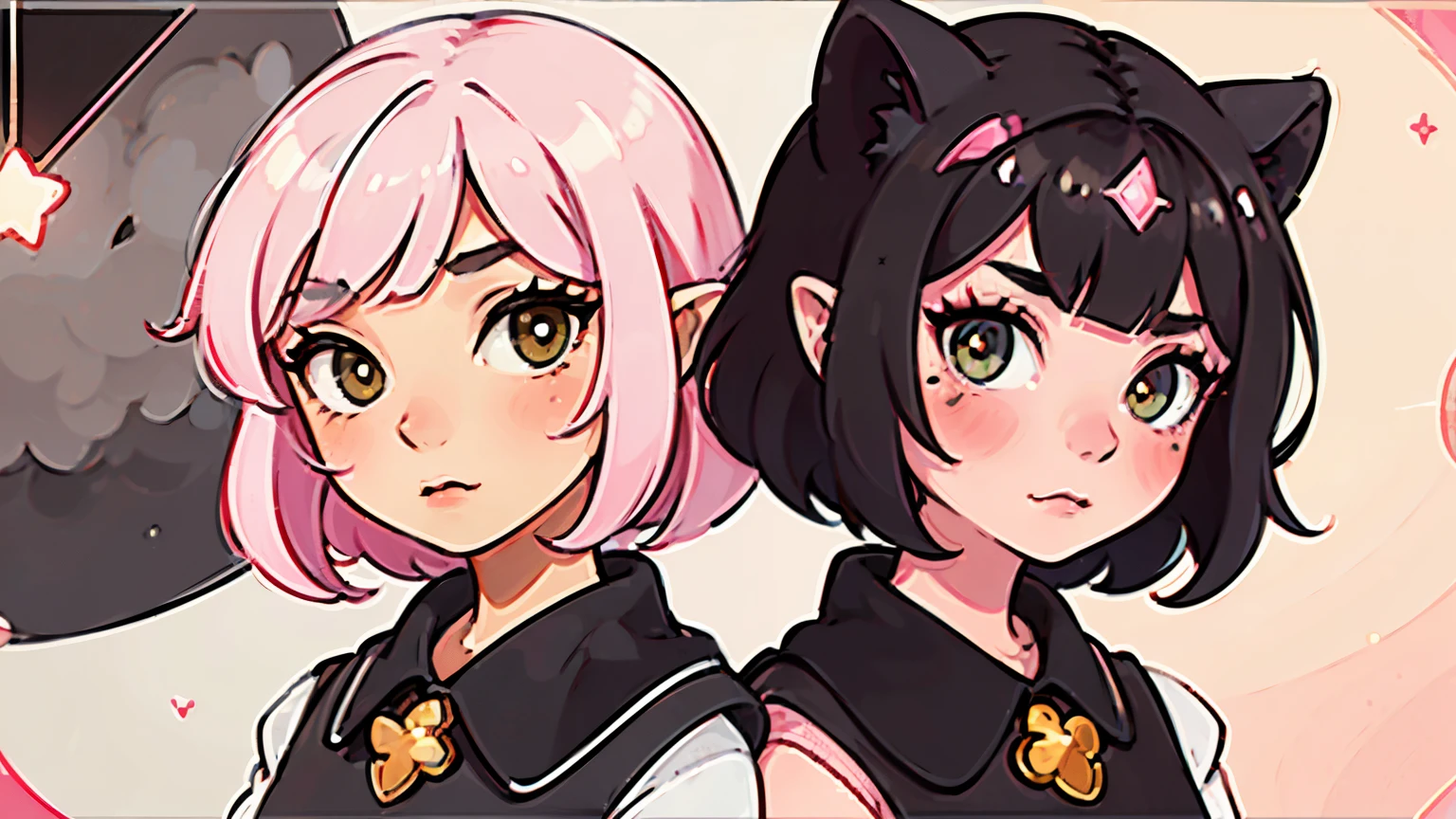 A black cat and a girl elf with pink hair and stars on her face, black cat nearby , inspired by Ross Tran, pink and red color style, sims, plumbob