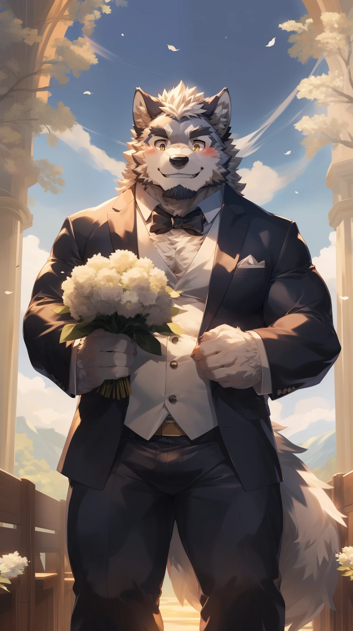 Solitary, anthropology, hairy, hairy male, Wolf, ((Fluffy fur, Fluffy, hairy body)), (Wolf印), (short beard), youth, Gray body, muscular, White, Big muscles, Golden pupils, Tail, deTailed teeth, deTailed face, Fundos, bridegroom, (Black suit suit), (Black bow tie), Holding a bouquet of white flowers, 害羞的站在church门前, deTailed Fluffy fur, deTailed face, ((Look down at the audience)), majestic, barbarous, A faint smile, Blushing, Strong, church, White dove, Half sideways, ((Bottom view)), (through empty ghost, From wolf26, masterpiece, high quality, high resolution,8k), permanent, Full body portrait, outdoor,