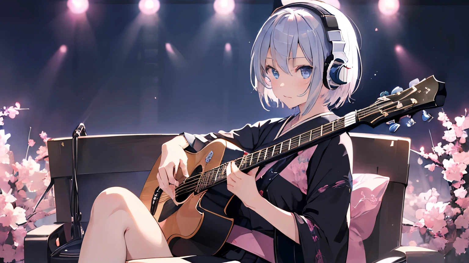 ((masterpiece, highest quality)) Cute One Girl, alone, Black Skirt, blue eyes, Sensitive and intelligent eyes,Beautiful face,エレキguitar, guitar, Headphones, Keep, With thorns, musical instrument, Sit on a chair,Silver pink short hair, music, From one side to the top,pink reflections, tocando la guitar, kimono, Beautiful background,