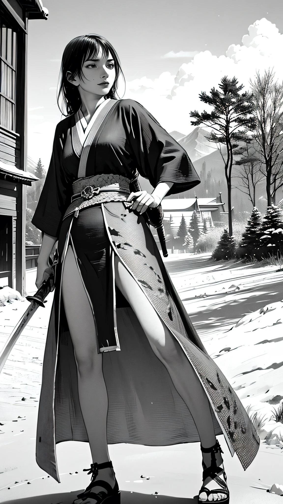 masterpiece, highest quality, (Highly detailed CG Unity 8k wallpaper), (highest quality), (Best illustrations), (Best Shadow),Female Swordsman, 28 years old, Japanese sword, stance,moonlight, snow, chaos, 