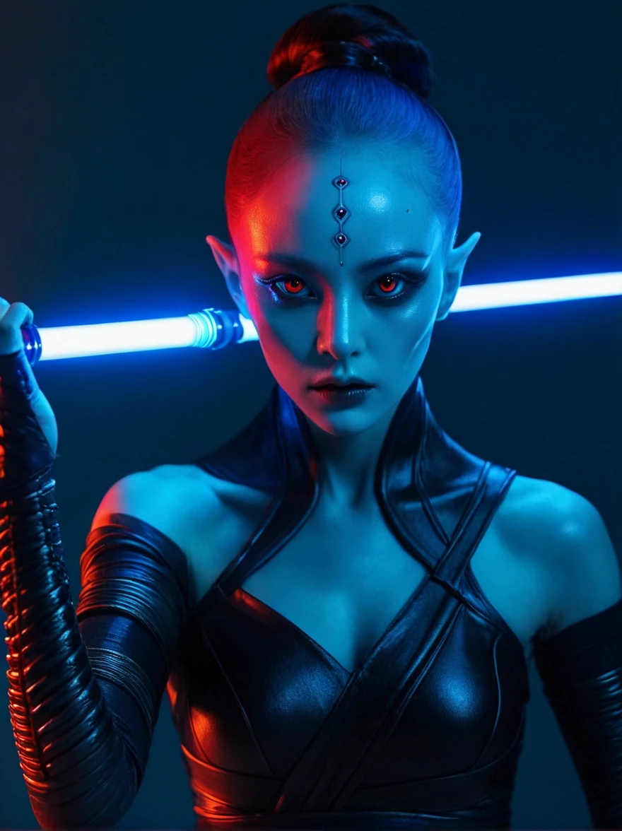 (A strange looking female alien:1.4), Red-glowing eyes, open mouth, Sharp Teeth, Mucus, Aesthetic physique, (Strange looking alien), Fighting Stance, Lightsaber in hand，Artistic Photo, 8k, Looking at the camera, Light background, Pretty Face, Blue Skin，Large Breasts。