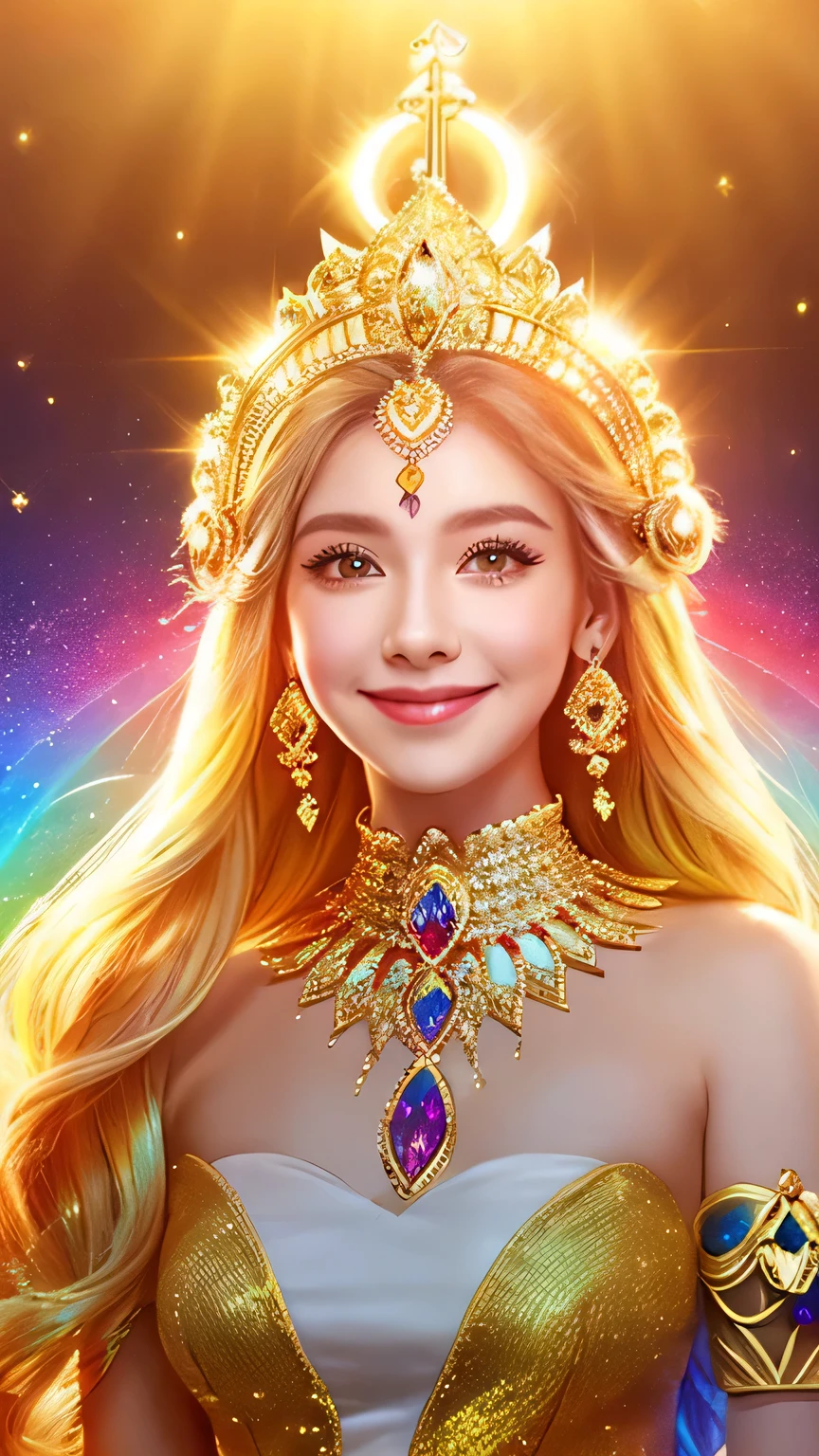 (White skin,beautiful,smile,goddess,Golden Dress,Rainbow Feather,background,Golden Castle,Jewel crown)