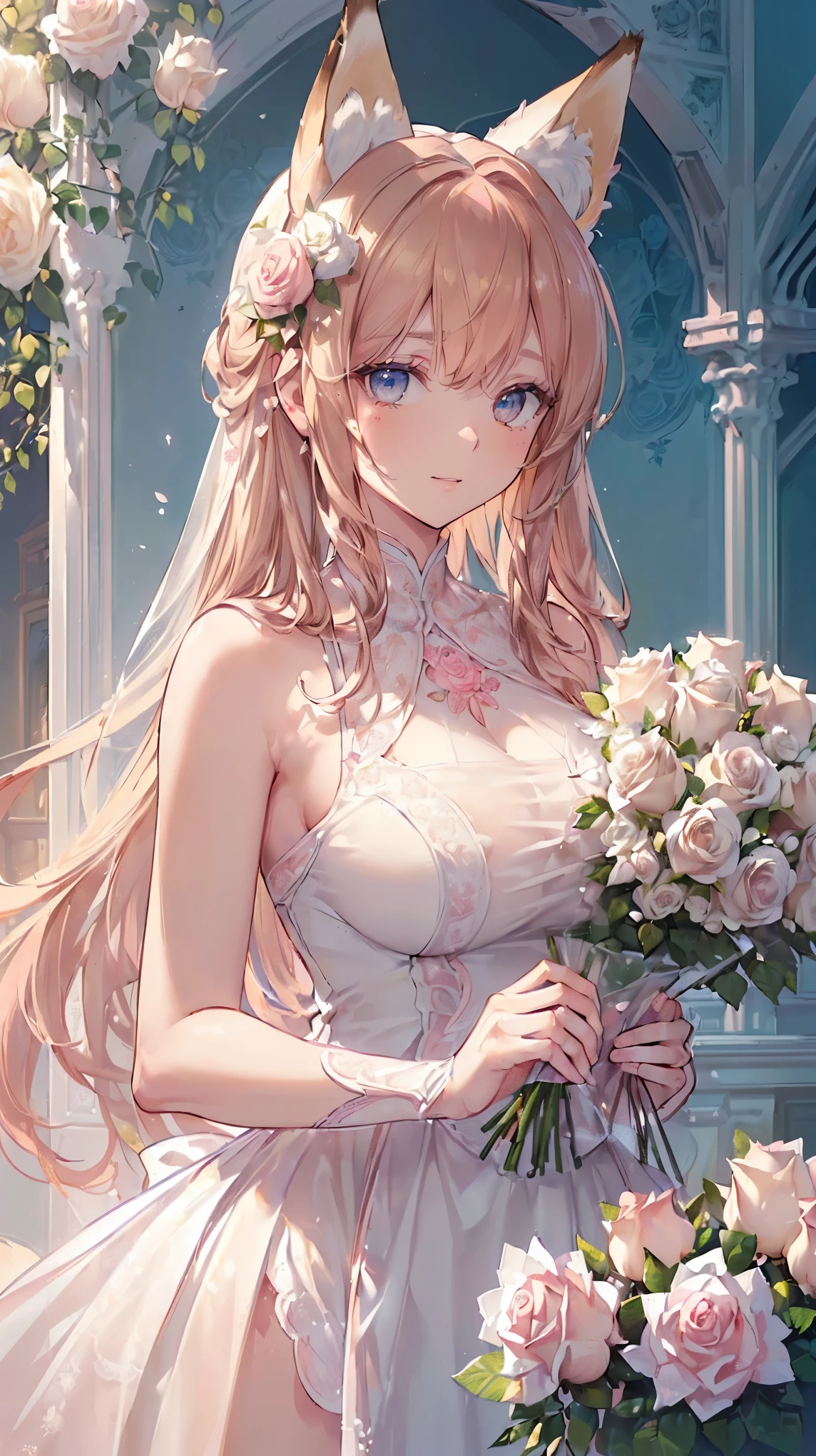 (((Masterpiece))), (((Highest quality))), ((Ultra-detailed)), ((Super fine illustration)), ((Ultra-fine painting)), (16K highest quality wallpaper:1.4), (Upper body:1.4), (Highly detailed and delicate illustration style:1.8), Detailed skin texture, Detailed cloth texture, Detailed rose flower texture, Extreme detailed description, (T-masterpiece), (Highly detailed face:1.4), Original, RAW photo, Professional, Intricate details, Super details, Direct light:1.6, (Perfect anatomy:1.4), (Highly detailed hands:1.2), (Highly detailed fingers:1.2), (Highly detailed fingertips:1.2), (27-years-old), Real, (Solo:1.6), ((A very beautiful and attractive fox fashion model:1.4))
BRAKE
(Beautiful and adorable fox ears:1.6), (Highly detailed and delicate fox ears:1.4), (Beautiful and well-shaped big breasts:1.2), (Beautiful and well-shaped buttocks), (Beautiful and shiny golden brown hair:1.6), (Highly detailed and delicate golden brown hair:1.4), (Beautiful clear blue eyes that shine with great detail:1.6), (Highly detailed and delicate blue eyes:1.2), (Highly detailed face:1.4), (Smile:1.4), (Looking at viewer:1.4), (Standing:1.4), (Celebration:1.4)
BRAKE
((A beautiful and gorgeous princess dress that is detailed and delicate to be worn at celebratory occasions:1.4))
BRAKE
((Holding in both hands a large bouquet of highly detailed and delicate ((white and pink roses)):1.3))
BRAKE
(Just after noon:1.4), (Celebration:1.4), ((Highly detailed and delicate white rose flower and pink rose flower garden background:1.4)), (Highly detailed and delicate royal palace courtyard background in just after noon in spring:1.4) BRAKE