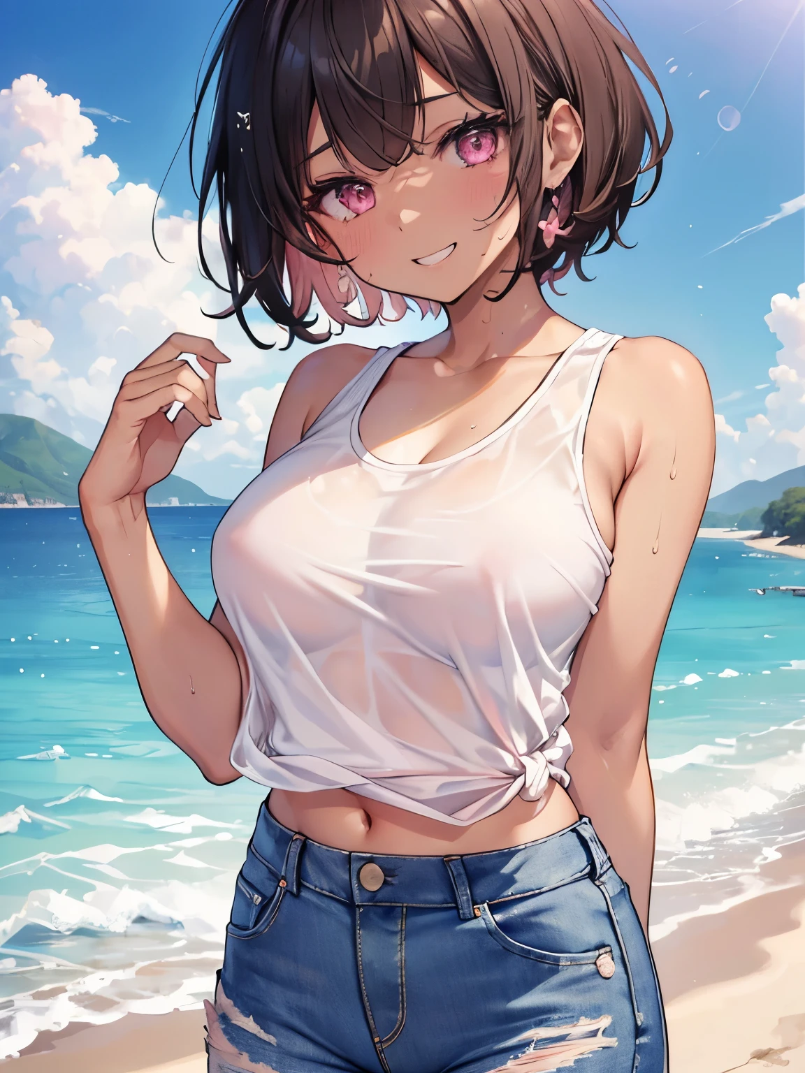 (8k、highest quality、highest quality、masterpiece)、Detailed face、One Girl、
(Brown Skin:1.2)、Black Hair、Bobcut、
(Pink Eyes、Sweat:1.2)、Grin、
(White tank top、Denim pants:1.2)、
Beach、cloud、Wind,
Big Tits、Primary school students、
Upper Body、