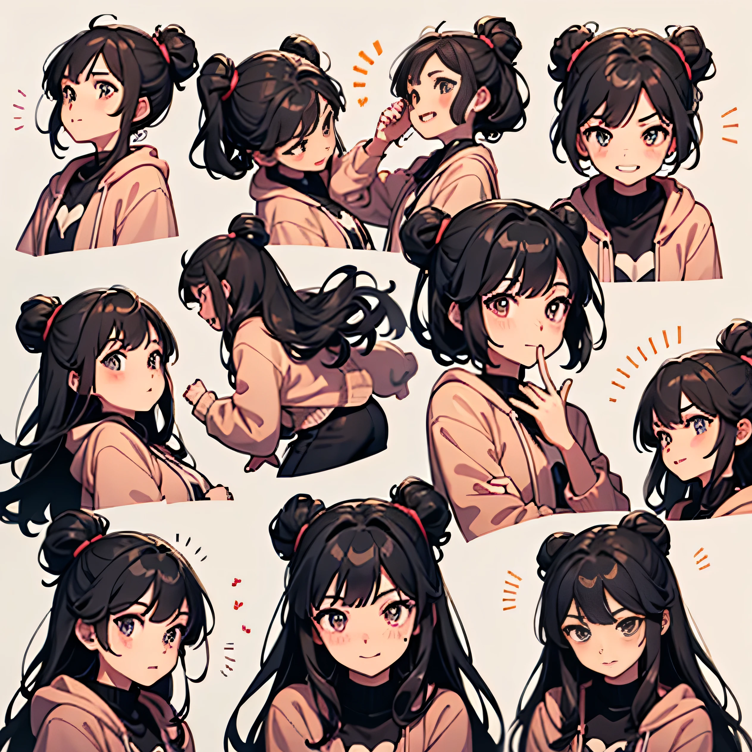 Girls aged 6、Black eyes、Black hair、Semi-long, Emoticon pack,9 emojis,emoji sheet,Align arrangement,Pink clothes、White background、Multiple Poses and Expression(Looking Up、wonderment,having fun,Excitement,great laughter,Touch your head,desirable, wait),anthropomorphic style、various emotionultiple Poses and Expression,8K