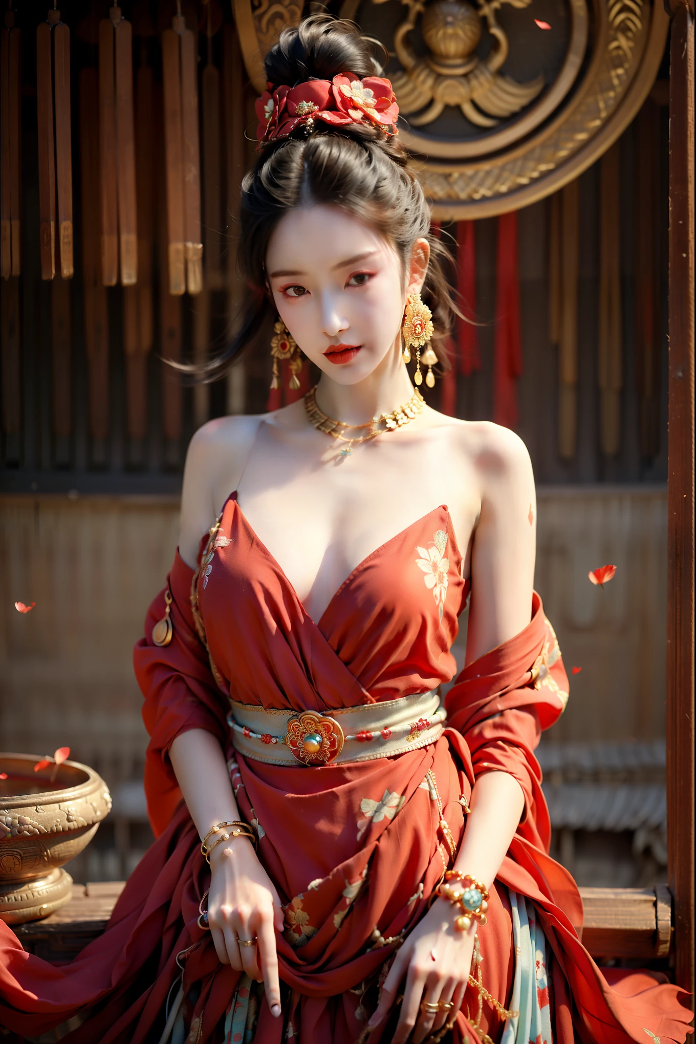 xuer Dunhuang,1girl,jewelry,earrings,solo,hair ornament,chinese clothes,flower,black hair,red lips,hair flower,bare shoulders,makeup,dress,detached sleeves,long sleeves,wide sleeves,petals,blurry,sash,breasts,shawl,lipstick,closed mouth,ribbon,hair bun,