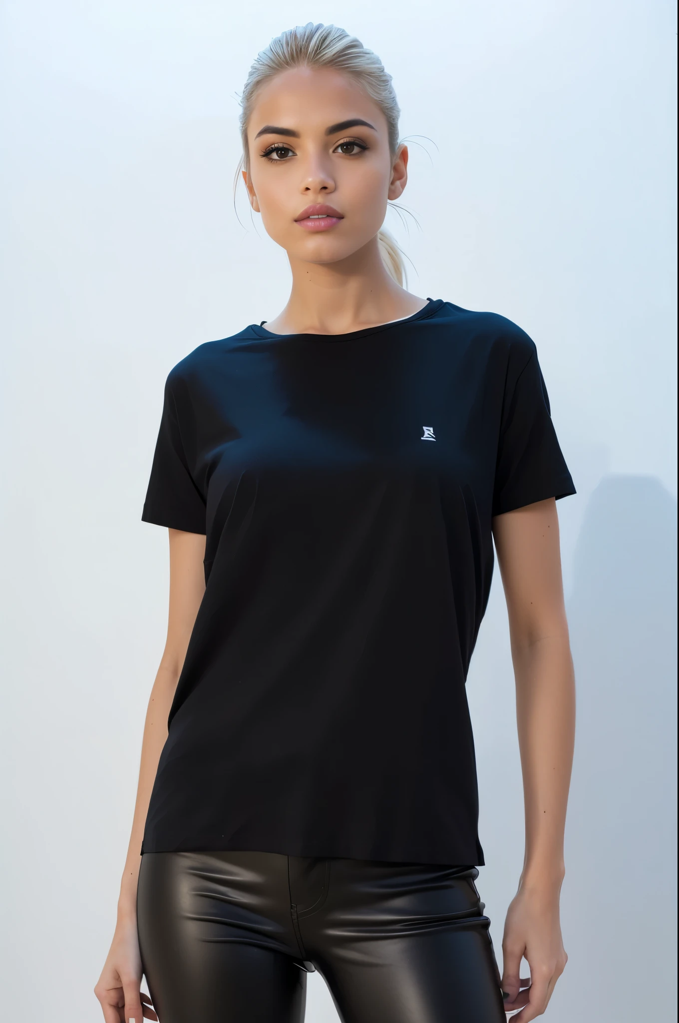 a close up of a woman wearing a camisa preta and leather pants, wearing a Camiseta preta, vestindo uma camiseta preta, vestindo camiseta preta, camiseta preta, Camiseta preta, camiseta preta, camisa preta, wearing a camisa preta, Minimal clothing, he is wearing a Camiseta preta, vestindo uma camiseta, roupas pretas casuais
