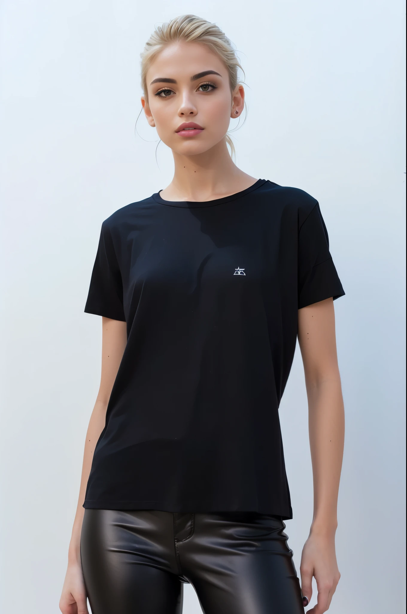 a close up of a woman wearing a camisa preta and leather pants, wearing a Camiseta preta, vestindo uma camiseta preta, vestindo camiseta preta, camiseta preta, Camiseta preta, camiseta preta, camisa preta, wearing a camisa preta, Minimal clothing, he is wearing a Camiseta preta, vestindo uma camiseta, roupas pretas casuais