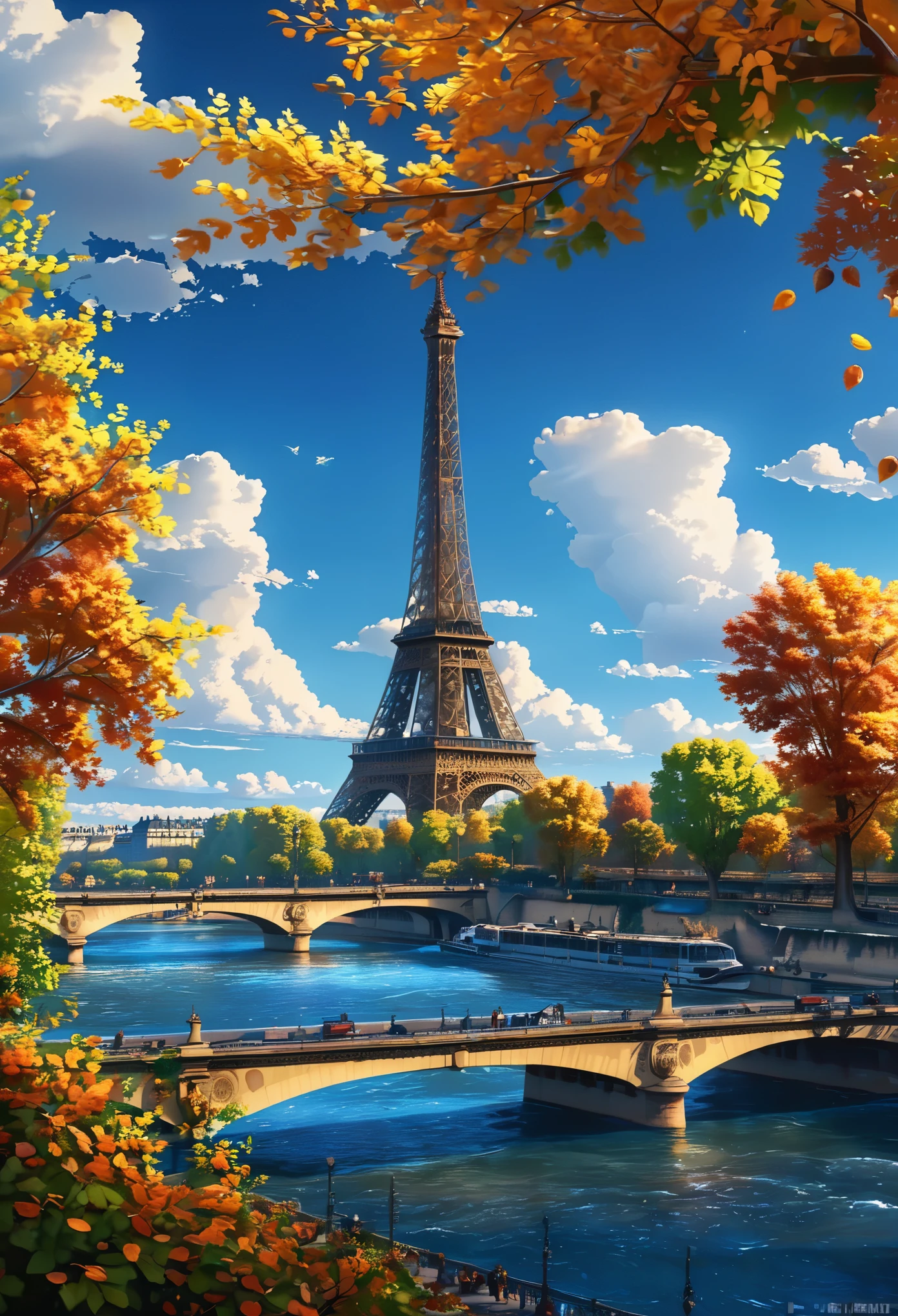 gangfeng,eiffel tower,paris,sunny day,clouds,trees,seine river,bridge,autumn leaves,vibrant,clear weather,bright,scenic,nature,calm waters,idyllic.,