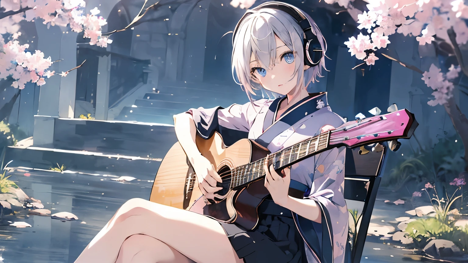 ((masterpiece, highest quality)) Cute One Girl, alone, Black Skirt, blue eyes, Sensitive and intelligent eyes,Beautiful face,エレキguitar, guitar, Headphones, Keep, With thorns, musical instrument, Sit on a chair,Silver pink short hair, music, From one side to the top,pink reflections, tocando la guitar, kimono, Beautiful background,