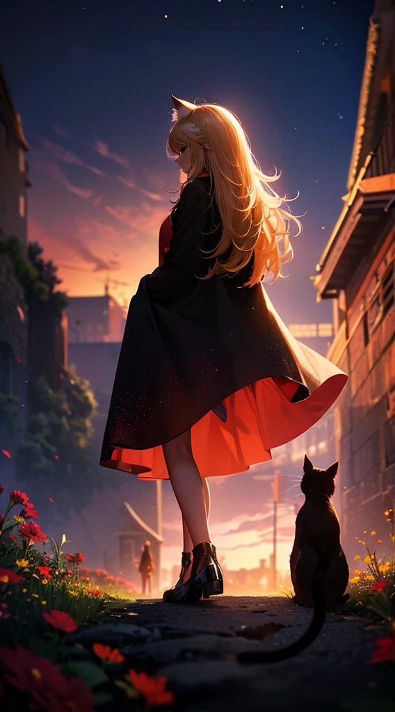 1people々々々々々々,Blonde long-haired woman,Cat ear,Red long coat, Dress Silhouette, Rear View,Space Sky, Flower Field,Colorful flowers