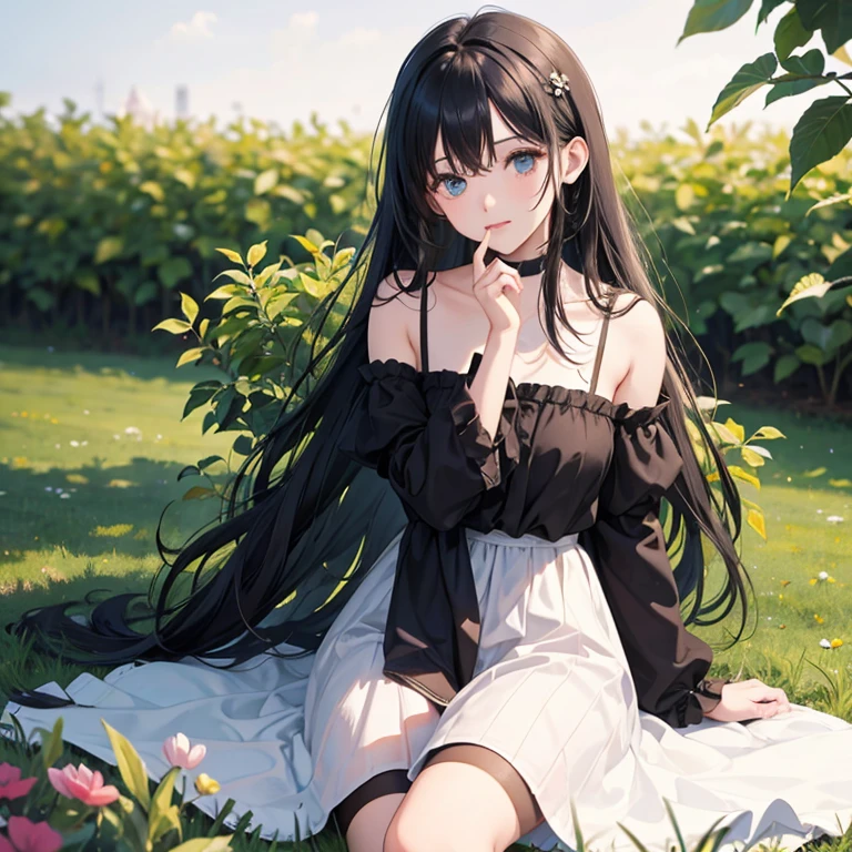 1girl with long black hair sitting in a field of green plants and flowers, her hand under her chin, warm lighting, white dress, blurry foreground