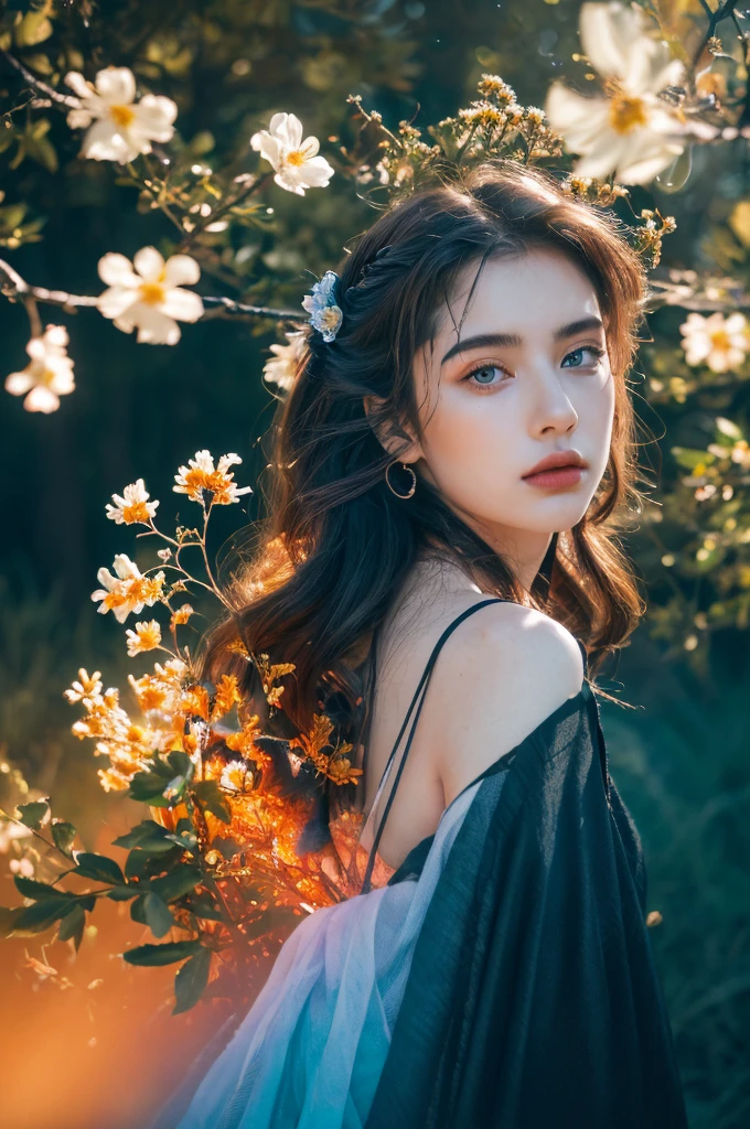 ( masterpiece, top quality, best quality,8k,17 years old girl,ultra detailed,raw photo:1.5),(photorealistic:1.4), (cinematic lighting), PerfectNwsjMajic, , Surrealism, UHD, ccurate, Super detail, textured skin, High detail, Best quality, dynamic angle, White skin,[Beautiful blue eyes], high nose,[flat chest:large breasts:0.5],(1girl),((good anatomy:0.5)),(covered in flowers:1.4), night sky, interested in, fire and ice, (The image is divided into two，Available in a variety of colors:2), eyes blues, sapphire, liquid metal, night sky, (Look at an angle:1.3), (fire and ice), ((Lower chrome)), (hairpin:1.4), (forest:1.3), (fog: 1.3),  Subtle colors and tones, mystical aura ,dreamy atmosphere,expressive brush strokes, mystical ambiance, Artistic interpretation, upper body, long hair