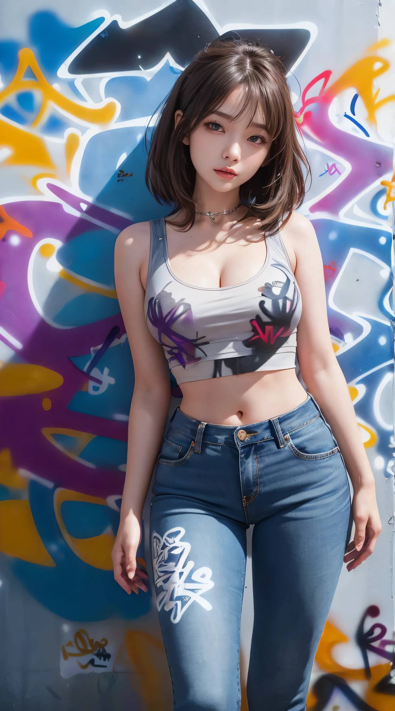 Kamisato Ayaka|Genshin Impact, masterpiece, best quality, 1 girl,25 years old, proportional body, Long legs, fair, proportional., crop top, Long jeans, Plump breasts, Cleavage,only, crop top, collar, (Graffiti:1.5), Splash with purple lightning pattern., Put your hands behind your back, Against the wall, View viewers From the front., Thigh straps, Head tilt, boring,(National Technology Development Agency.:1.2), (10, best quality, masterpiece: 1.4), fair red hair, Ultra-high resolution, (lifelike, Lifelike Portrait: 1.48), (View through crop top.), Famous Japanese actors, fair clear eyes, Head tilt, Cowboy shooting, From the front, Looking at the audience, poker face, fair lake, Zeiss 150mm F/ 2.8.Hasselblad,  whole body, foot, Ultra wide angle,