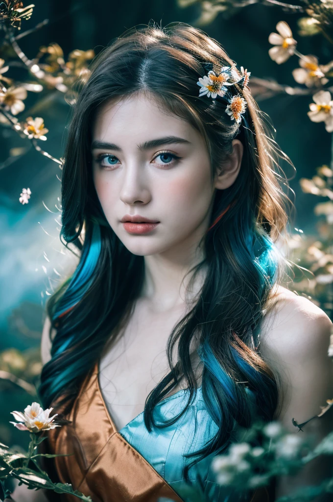 ( masterpiece, top quality, best quality,8k,17 years old girl,ultra detailed,raw photo:1.5),(photorealistic:1.4), (cinematic lighting), PerfectNwsjMajic, , Surrealism, UHD, ccurate, Super detail, textured skin, High detail, Best quality, dynamic angle, White skin,[Beautiful blue eyes], high nose,[flat chest:large breasts:0.5],(1girl),((good anatomy:0.5)),(covered in flowers:1.4), night sky, joint, interested in, fire and ice, (The image is divided into two，Available in a variety of colors:2), eyes blues, sapphire, liquid metal, night sky, (Look at an angle:1.3), (fire and ice), ((Lower chrome)), (hairpin:1.4), (forest:1.3), (fog: 1.3),  Subtle colors and tones, mystical aura ,dreamy atmosphere,expressive brush strokes, mystical ambiance, Artistic interpretation,Wonderland, blue glowing flowers tone, upper body, long hair