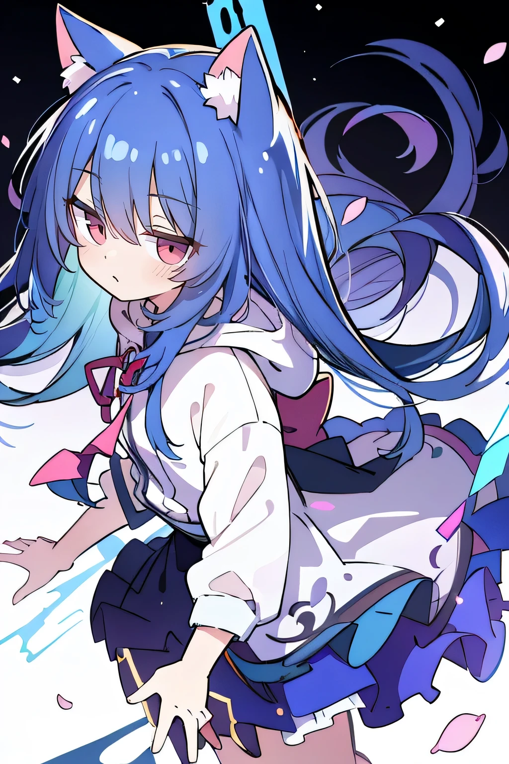 （masterpiece：1.2），Super detailed，lifelike，Expressive eyes，fair skin，perfect face shape，1 girl，
Japanese comics,Gorgeous blue hair,flowing blue hair,flowing clothes,Cat ears,Petals fall,beautiful lola,Baby Angel,
Shaking head with one hand，Cross your legs，Gentle and peaceful background，The pavilion is cool and comfortable,smile, wearing hoodie, background of tokyo,back views,snowing, winter.