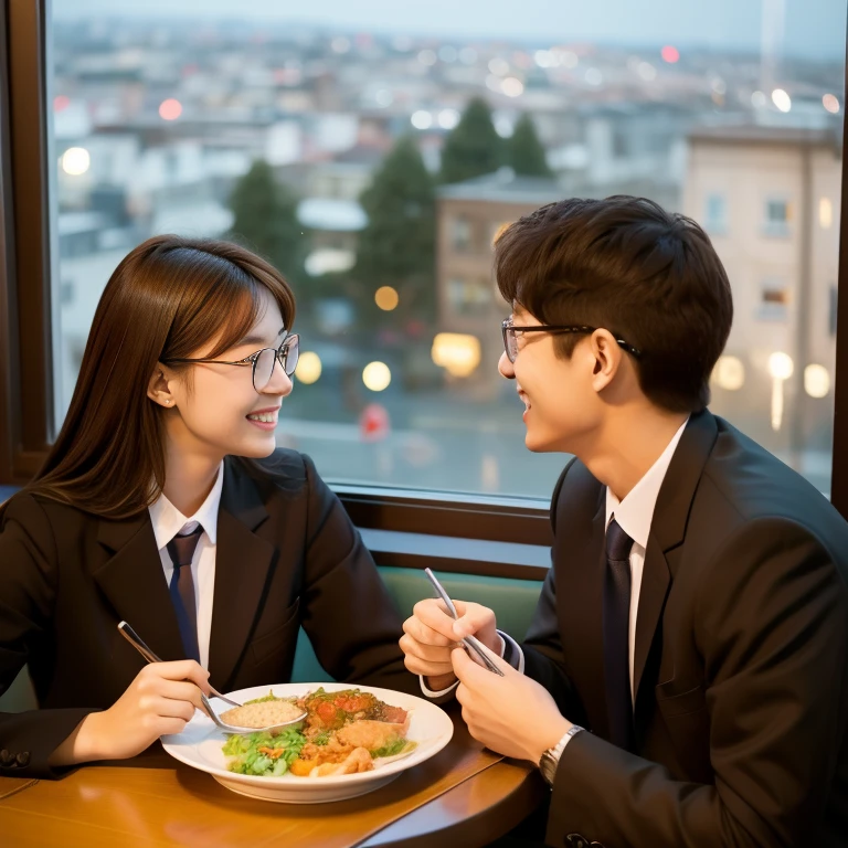 A student couple enjoying a meal at a family restaurant、The uniform is a blazer for both men and women.、Talking with a lovely smile、In the background you can see the city during the day.、Outside the window is beautiful、High-definition images like those taken with a high-end camera、love、Brown Hair、Beautiful woman holding glasses and a cup