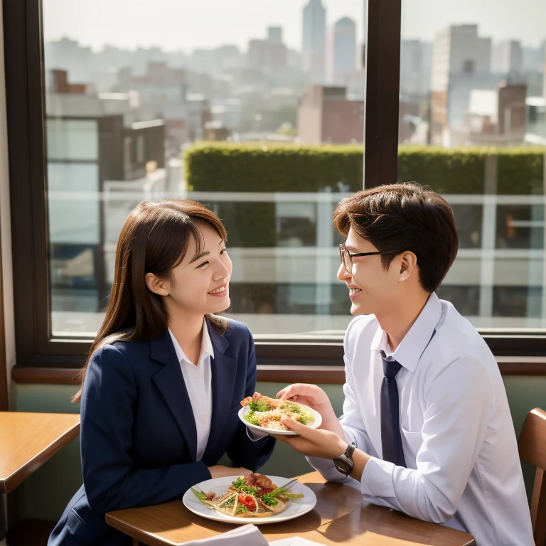 A student couple enjoying a meal at a family restaurant、The uniform is a blazer for both men and women.、Talking with a lovely smile、In the background you can see the city during the day.、Outside the window is beautiful、High-definition images like those taken with a high-end camera、love、Brown Hair、Beautiful woman holding glasses and a cup