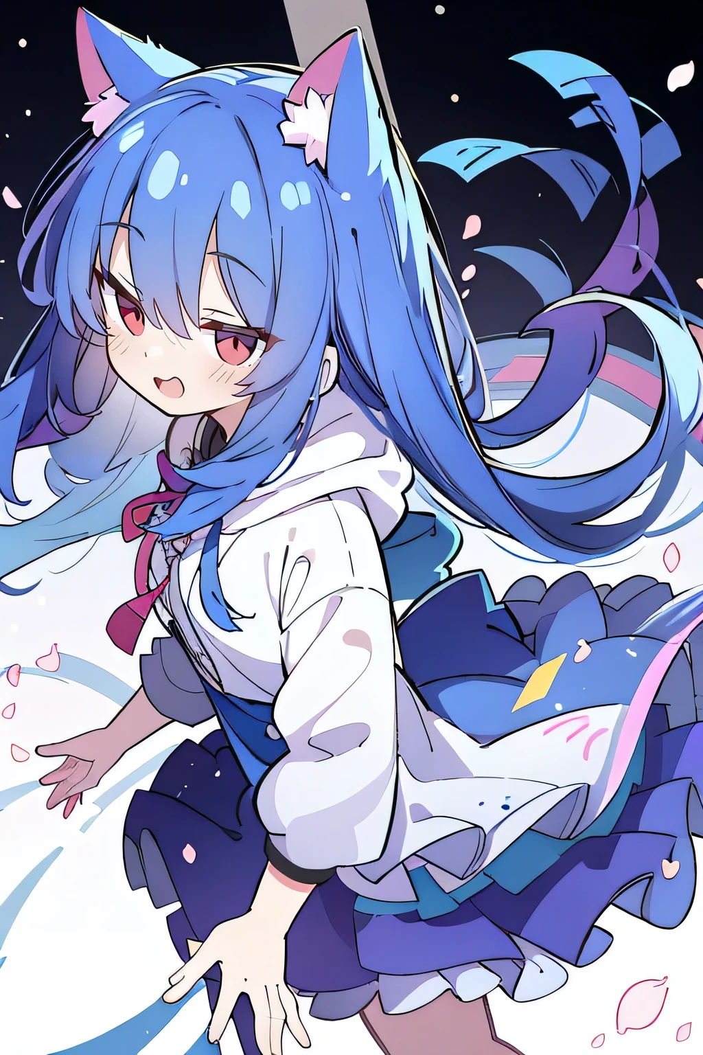 (masterpiece:1.2),Super detailed,lifelike,Expressive eyes,fair skin,perfect face shape,1 girl,
Japanese comics,Gorgeous blue hair,flowing blue hair,flowing clothes,Cat ears,Petals fall,beautiful lola,Baby Angel,
Shaking head with one hand,Cross your legs,Gentle and peaceful background,The pavilion is cool and comfortable,smile, wearing hoodie, background of tokyo,back views,snowing, winter.