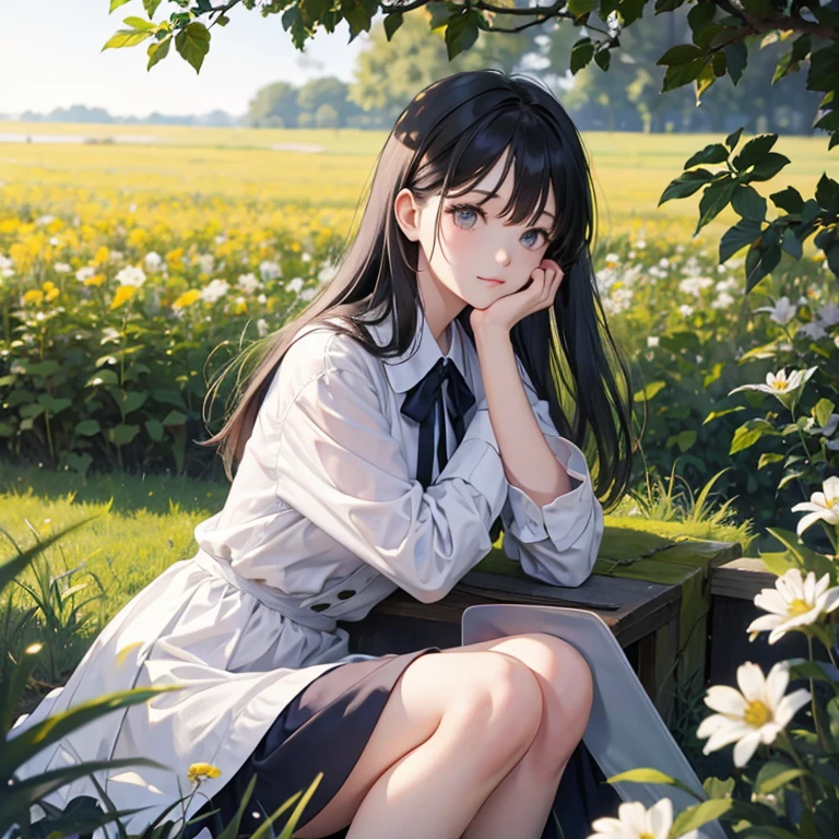 1girl with long black hair sitting in a field of green plants and flowers, her hand under her chin, warm lighting, bluesky dress, blurry foreground