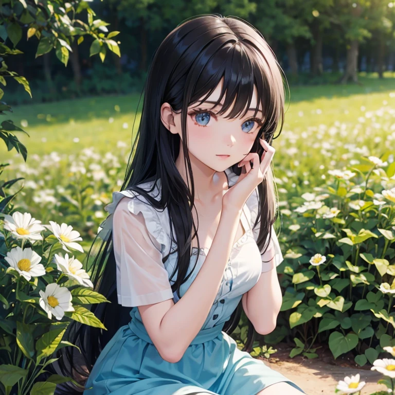 1girl with long black hair sitting in a field of green plants and flowers, her hand under her chin, warm lighting, bluesky dress, blurry foreground