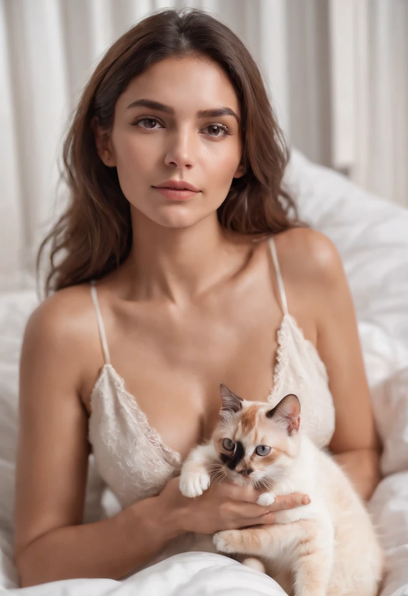 a tan woman dressed in a deep V-neck cami top, lying down in bed, holding her cat against her stomach, 80s style, half-body shot, high-quality photo