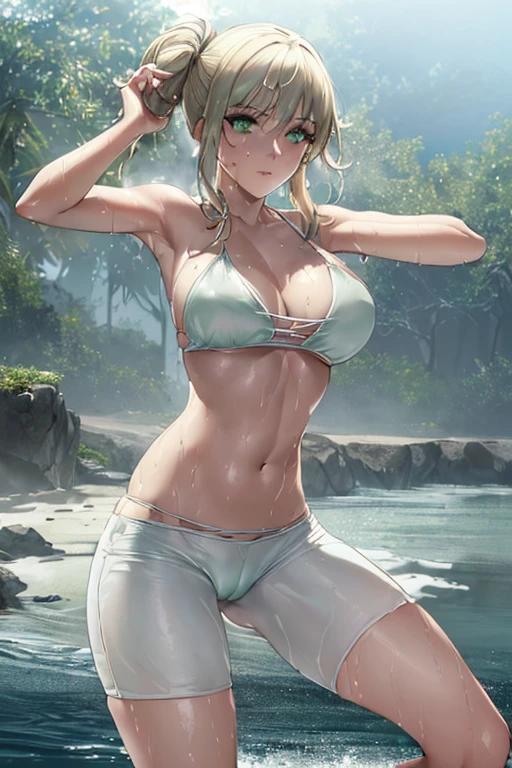 (masterpiece:1.5),(best quality:1.5),(high resolution:1.5),(8k:1.5),(perfect face:1.5),(beautiful detailed eyes:1.5),(Cowboy Shot:1.5) ,(extremely detailed face:1.5),(perfect lighting:1.5),(extremely detailed CG:1.5), (perfect hands:1.5),(perfect anatomy:1.5),,(perfect body:1.5),(perfect hands:1.5),(perfect fingers:1.5),(full body:1.5),(fighter:1.5),(1woman:1.3),(megami magazine:1.25),pale skin,(large breasts:1.3)(large ass:1.2),(light blonde short left sideponytail hair :1.2),(thin dark green eyes:1.2),(white bikini:1.2),looking at viewer,(sexy look pose:1.5),(cameltoe:1.2),,(clothed:1.3),(sea:1.3),(wet:1.2),(sweat:1.2),(white Underwear lines are visible:1.2),(drunken face:1.2)