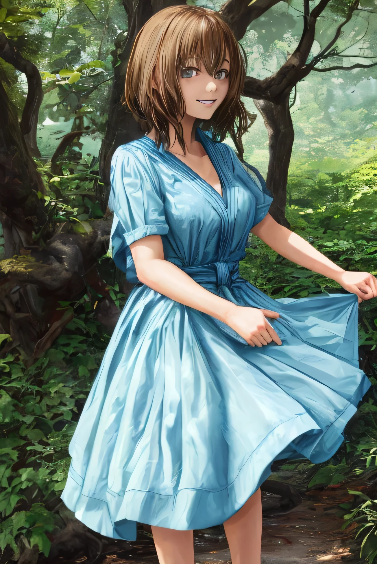 Uraraka from MHA with rainbow ombre hair that goes to her waist and sapphire blue eyes and Sunkist tan skin with dark pink lips with natural blushed cheeks with light brown freckles across her face wearing a blue dress on .