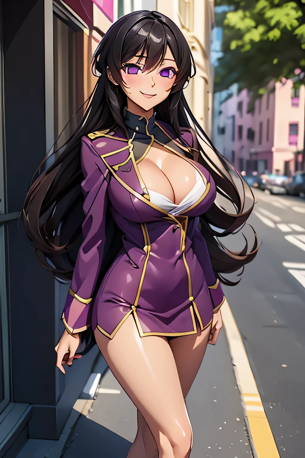 (high quelity), Female Lelouch, JK, pink uniform, thight stockings, high heels, mischievous smile, light blush, looking at viewer, huge breasts, precise hands, sexy pose, detailed background, cleavage, purple eyes, empty eyes, long hair