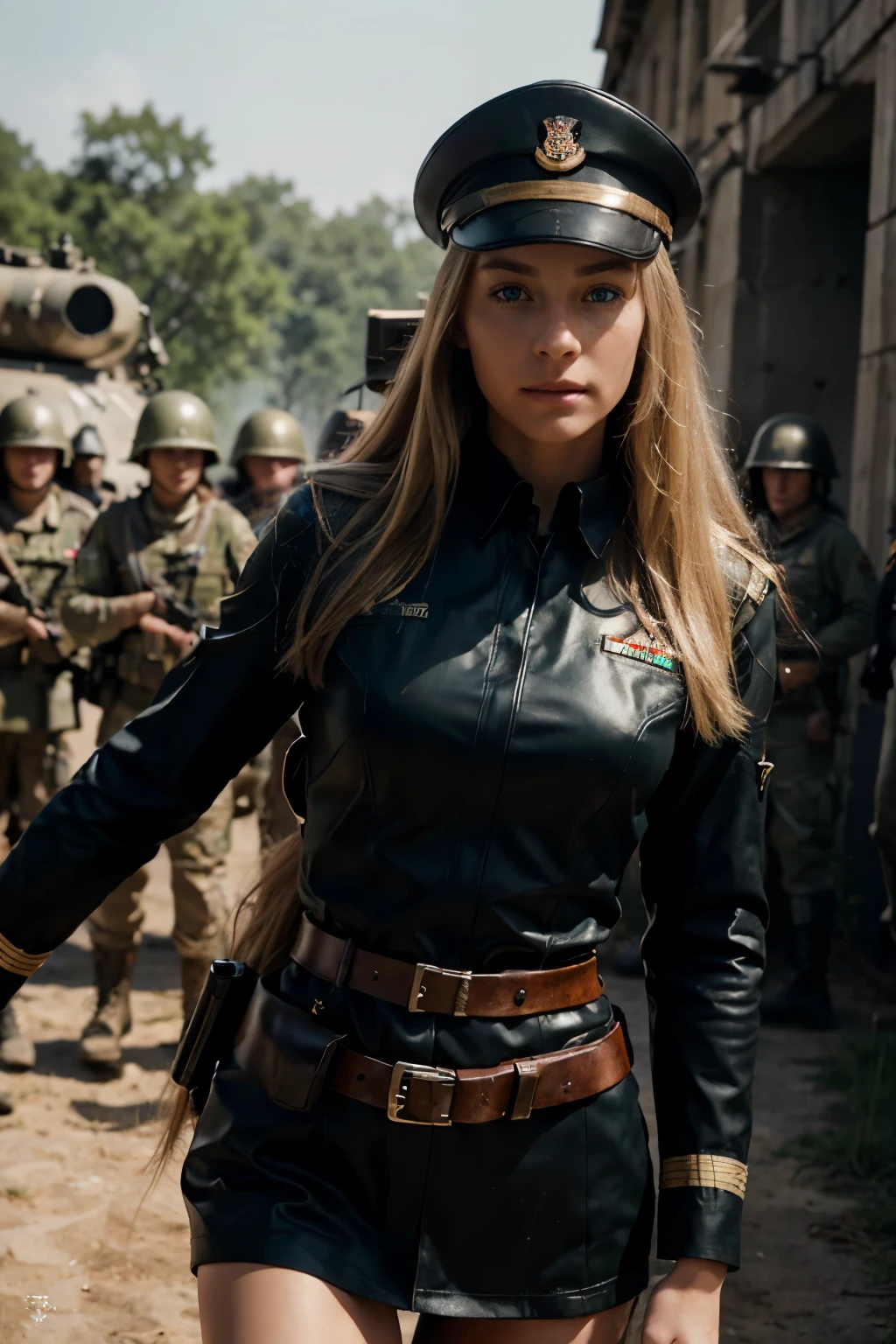 during the world war two, running in the middle of the battlefield, full view of a woman 30 years old, very long blond straight hair, blue eyes, slim, large chest, she's wearing a in military uniform with guns and an army helmet, black boots, analog style, skin texture, film grain, Ultra High Resolution, best shadow, RAW, high detailed face, high detailed skin, high detail face, beautiful face, natural skin texture, no reflection, see the grain of its skin, high detailed face, high detailed skin, Fujifilm XT3, realistic photography, perfect face.