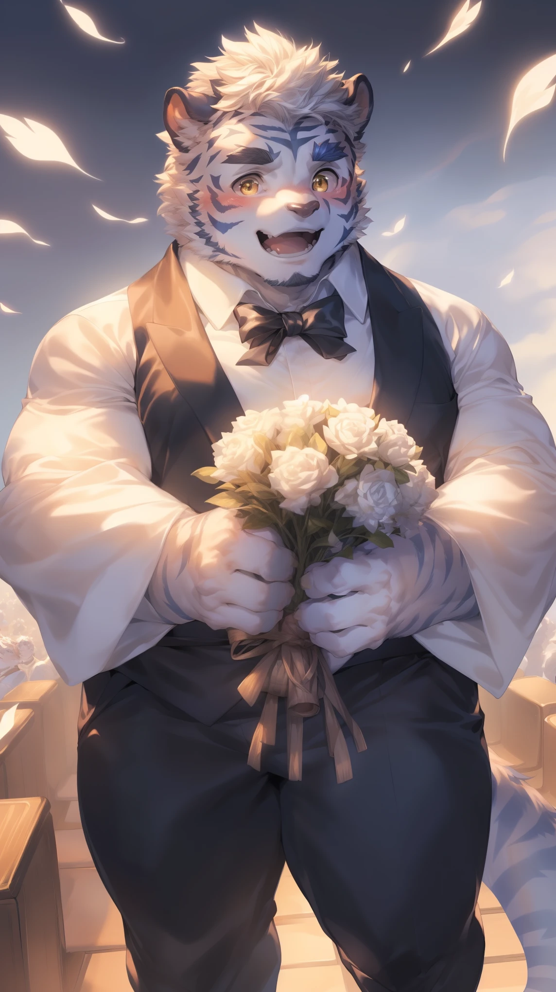 (through empty ghost, From thebigslick, through dark gems, Will chase), Keyuan Tower (Onmyoji Daisenji Temple), High quality photos, Perfect anatomical structure, Anthropomorphic white tiger, Men, 26 years old, thick eyebrows, (short hair:1.5), Light blue stripes, tall, strong, bridegroom, White shirt, Black suit suit, Black bow tie, Small bump, Holding a bouquet of white flowers, 站在church门口, A shallow laugh, Shy expression, blush, Golden pupils, (Looking up at the audience), Clear facial features, strong, Solitary, solo, Half sideways,(Top view), Full body portrait, church, White Dove, Correct gestures