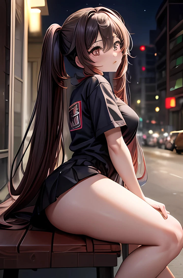 masterpiece, best quality, HuTaoV4, 1girl, solo, blush, twintails, long hair, hair between eyes, ((streetwear clothes)), city, outdoors, night, movie poster, extremely detailed 8K, smooth, high resolution, ultra quality, cinematic lighting, ambient occlusion, hd, 2k, 4k, 8k, 16k, extremely detailed anime, detailed faces, perfect composition, wide shot, atmospheric lighting, very sexy, lift skirt, random low angle, uncensored, nsfw, sin censura