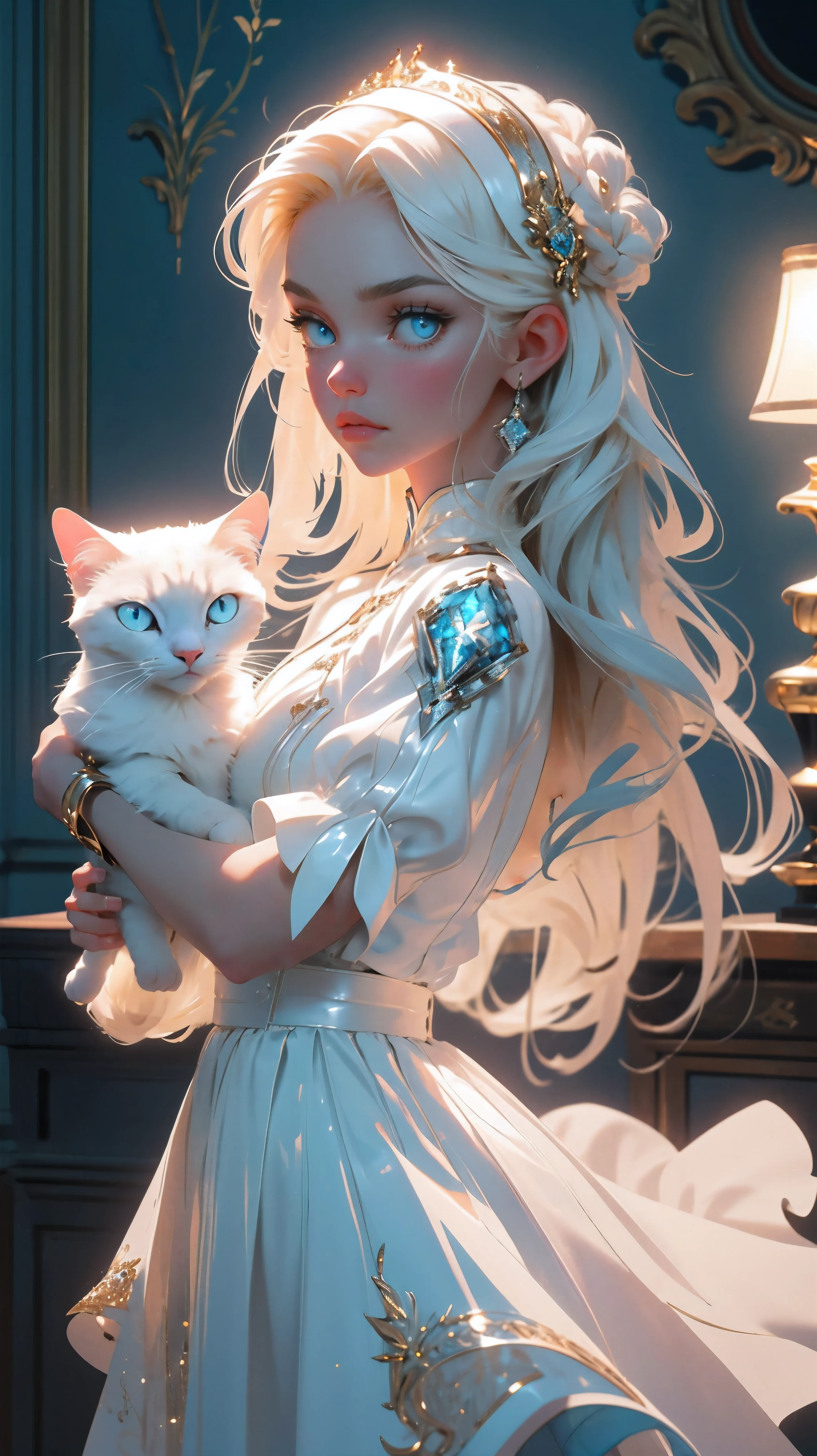 beautiful young girl, white long hair, blue cat eyes, white leather dress, girl holding a white cat, 8k, high detailed, high realism, dark fantasy art