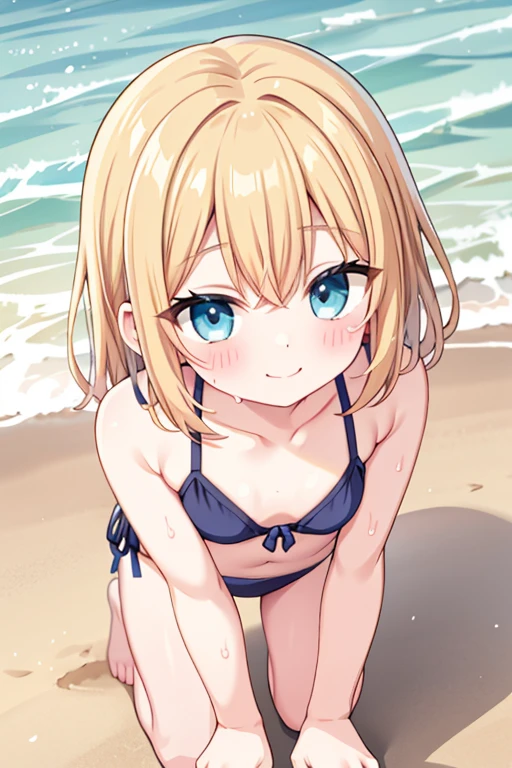 girl、、bikini、Sweat、smile、Looking up、Small breasts、On all fours