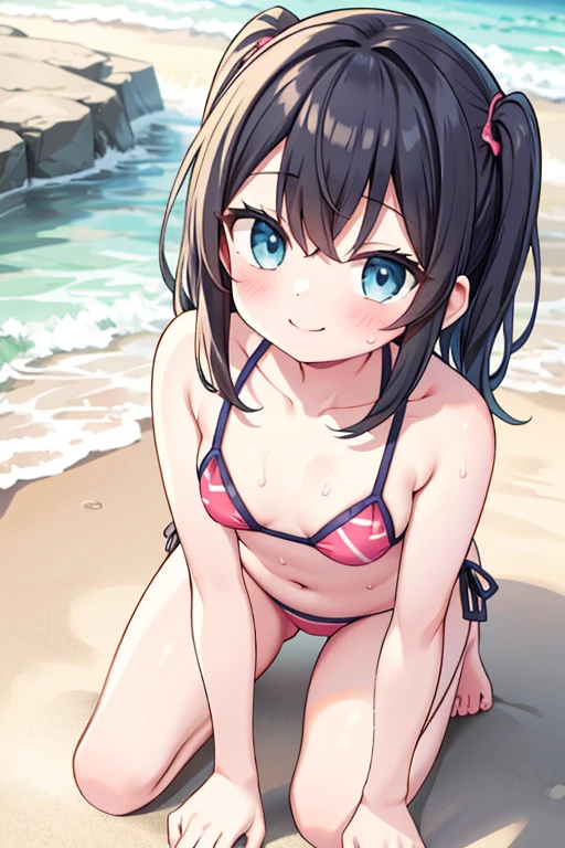 girl、、bikini、Sweat、smile、Looking up、Small breasts、On all fours