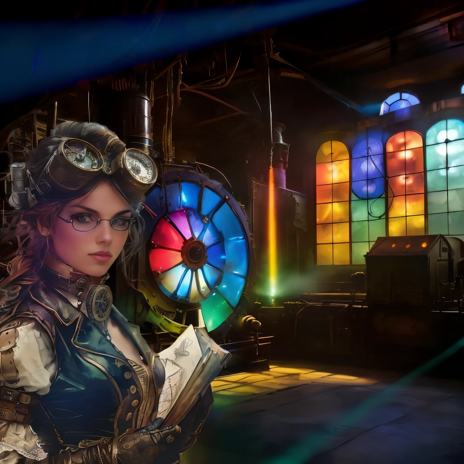 there is a woman in a steam - punk outfit reading a book, vivid steampunk concept, in a steampunk laboratory, steampunk factory background, colorful sci-fi steampunk, steampunk digital art, inspired by Jules Chéret, steampunk imagery themed, magic and steam - punk inspired, set in a steampunk world, steampunk setting, steampunk fantasy style, digital steampunk art, steampunk background