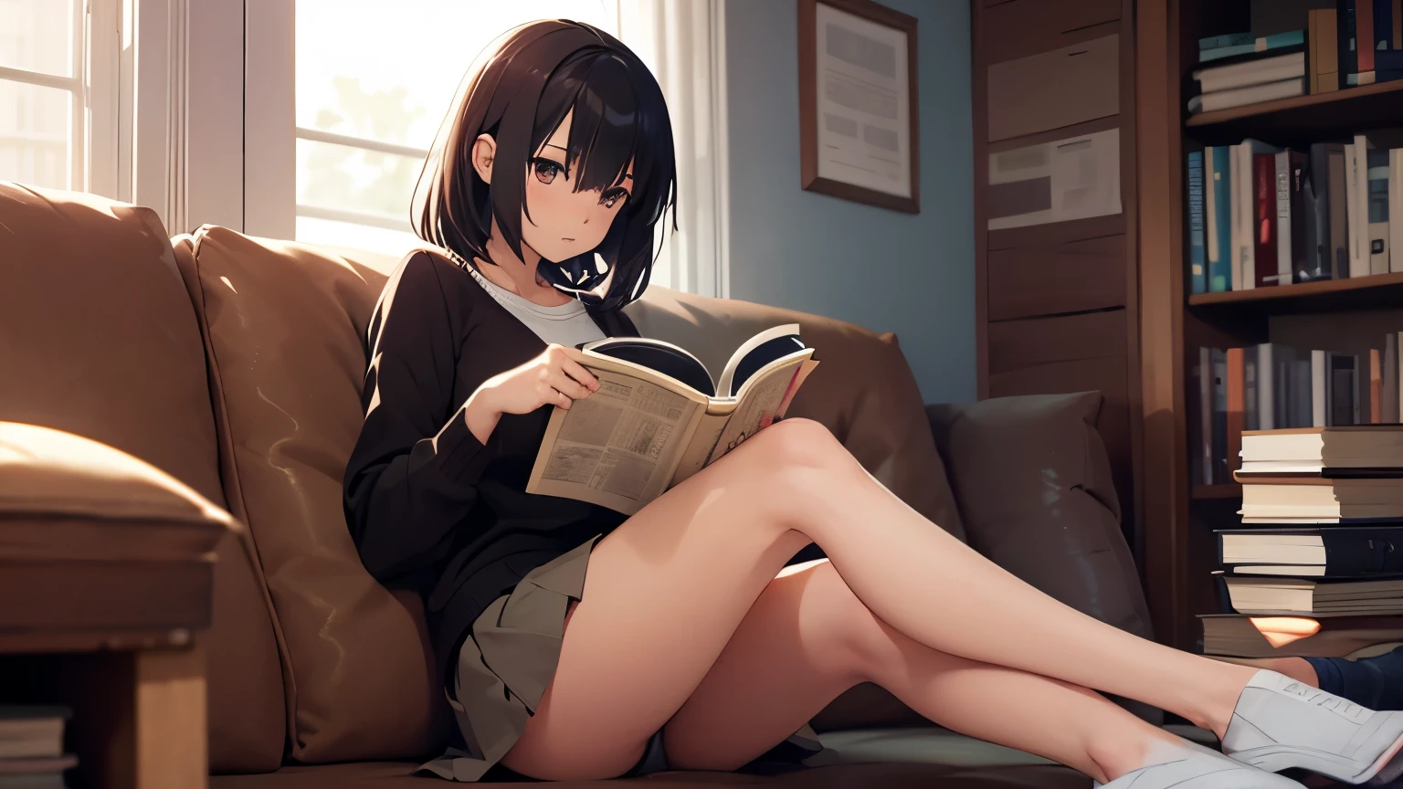 Anime girl in a miniskirt, Reading a book,whole body,Complete two-legged,Complete Hand,Makoto Shinkai's art style, Shinkai Makoto style, Painted in an anime artist's studio, By Shinkai Makoto. Digital Rendering, Lo-fi Girl, ( ( By Shinkai Makoto ) ), in the Makoto Shinkai's Style, Anime Style 4k, Makoto Shinkai's Style, Created by Anime Painter Studio、sunset、At dusk,(Ultra High Definition CG Integrated 8K Wallpaper: 1.2), (Beautiful Skin: 1.2), (Pale skin: 1.3), (Hyper Sharp Focus: 1.5), (Ultra Sharp Focus: 1.5), (Beautiful pretty face: 1.3), (Highly detailed background, Detailed background: 1.3), Ultra Realistic Photo, Ultra-sharp images, Hyper-detail image