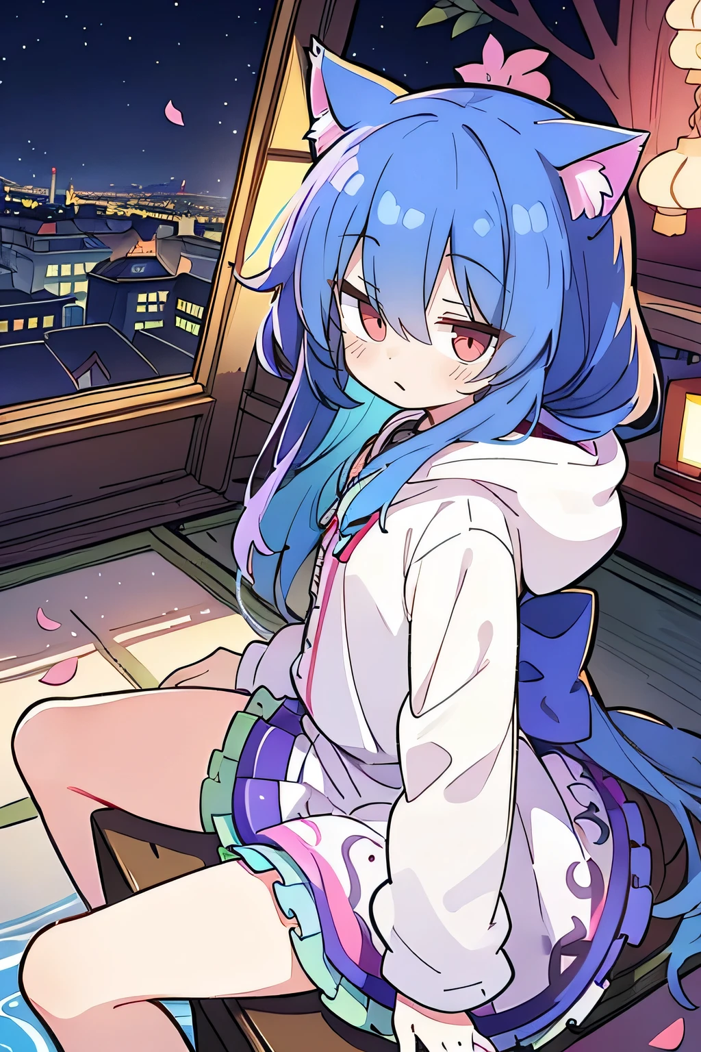 (masterpiece:1.2),Super detailed,lifelike,Expressive eyes,fair skin,perfect face shape,1 girl,
Japanese comics,Gorgeous blue hair,flowing blue hair,flowing clothes,Cat ears,Petals fall,beautiful lola,Baby Angel,
Shaking head with one hand,Cross your legs,Gentle and peaceful background,The pavilion is cool and comfortable,smile, wearing hoodie, background of tokyo,back views,snowing, winter.