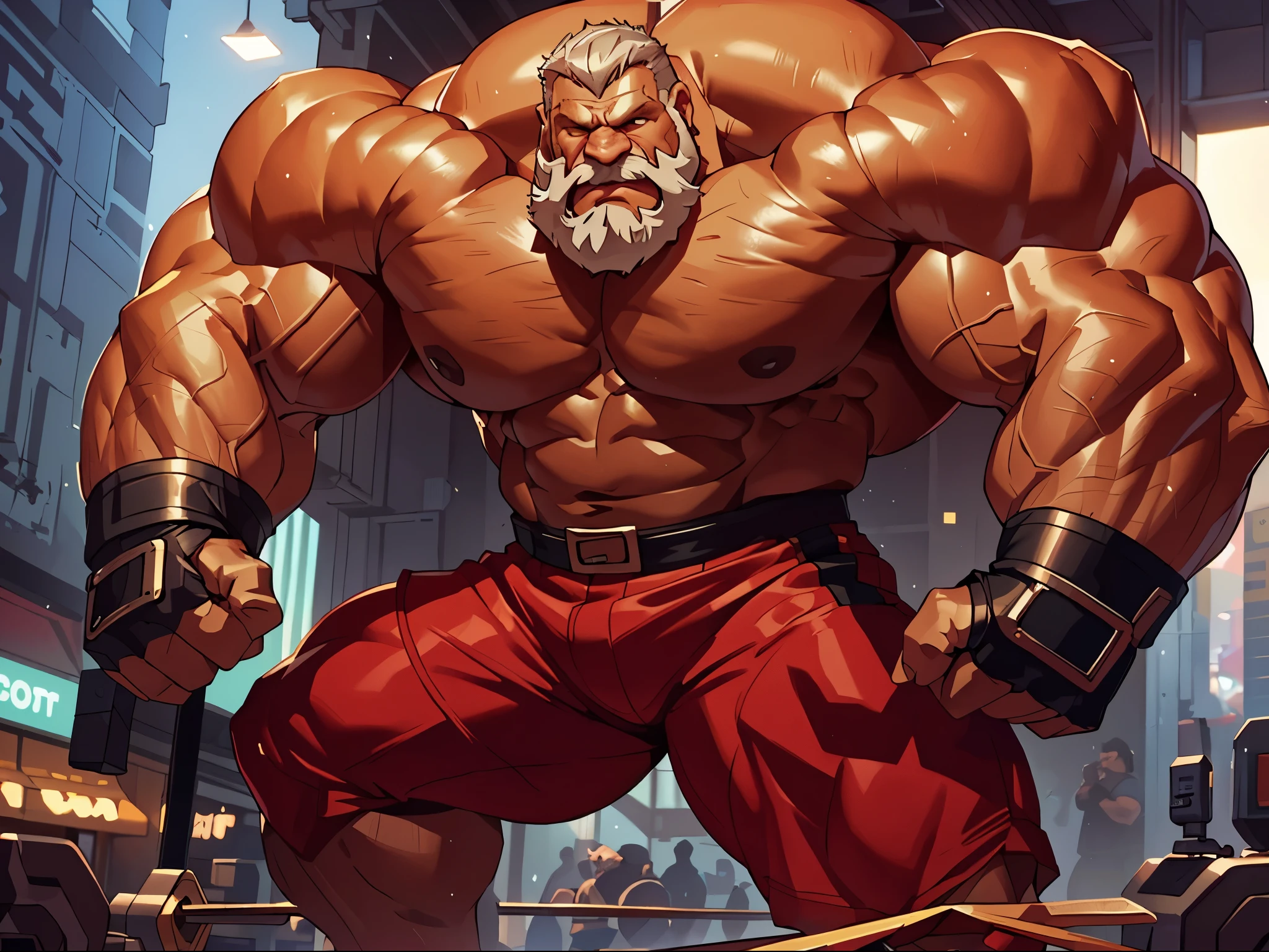 muscular old man, shirtless, detailed, wearing tank top and shorts, mad, screaming, really big mustache ,really big muscle, bigger muscle, very big muscular, over sized muscle, biggest muscle, big pec muscular, biggest pec muscle, detailed muscle, realistic rendering, CG realistic, 3d realistic, photography, background,