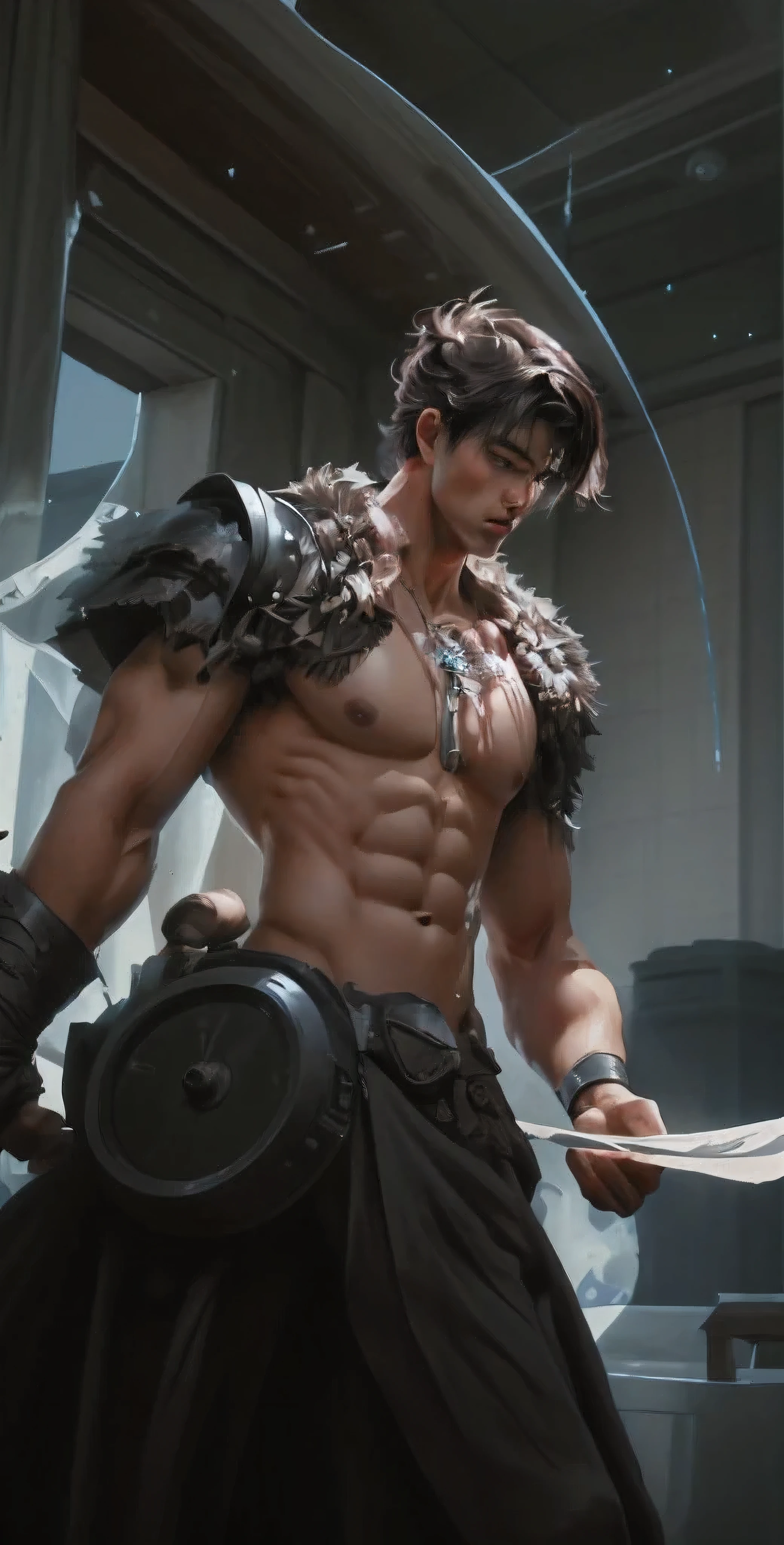 Male character, eight-pack body, biceps, complete body, masterpiece, High Quality, shirtless revealing six pack,Face details, Maximum magnification ,  tele , light intricate detail , High Detail , High Detail , Digital painting , artstation , concept art , smooth focus , sharp , illustration , 8k