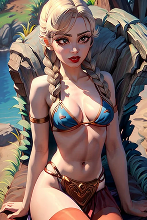 omega in metall bikini, loincloth, slutty eyelashes, lipstick, sitting, plaits
