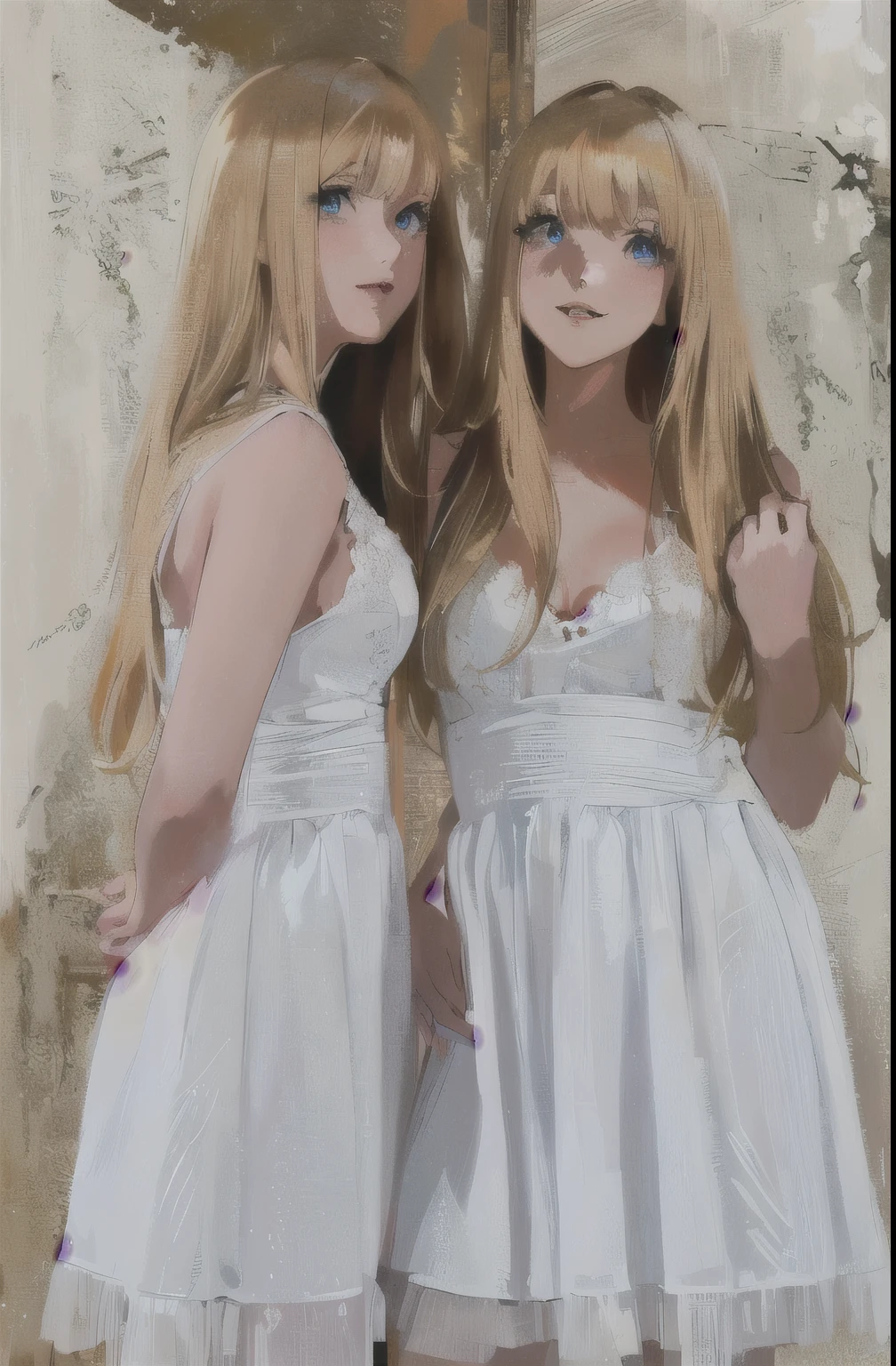 anime mirror twin sisters, nordic twin sisters, blonde hair, white dress, anime style, identical twin sisters, light blue eyes color, hair with bangs, happy faces, lipstick, identical faces