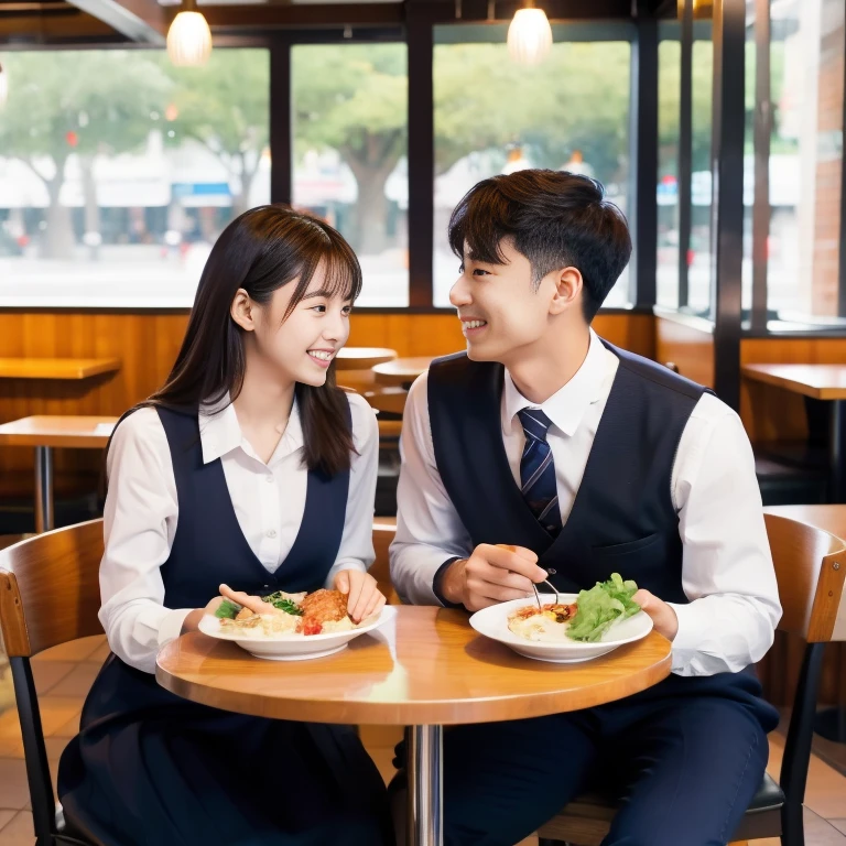 A student couple enjoying a meal at a family restaurant、Men are dressed in stand-up school uniforms.、Women in sailor uniforms、Talking with a lovely smile、In the background you can see the city during the day.、Outside the window is beautiful、High-definition images like those taken with a high-end camera、love、Brown Hair、