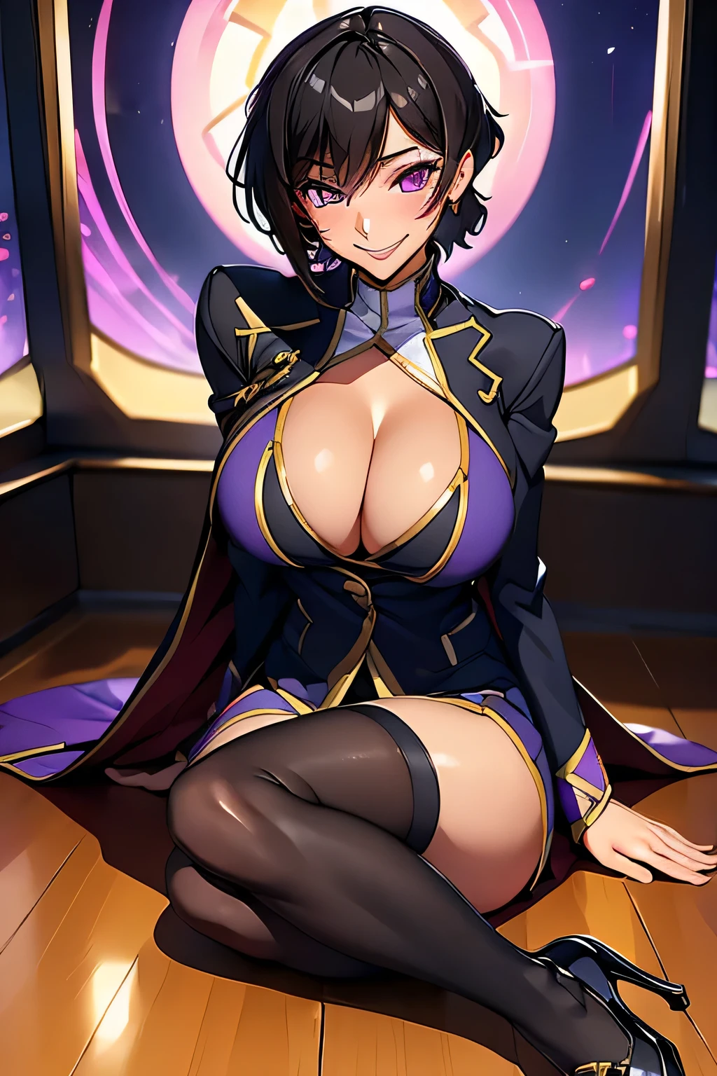 (high quelity), Female Lelouch, JK, uniform, thight stockings, high heels, mischievous smile, light blush, looking at viewer, huge breasts, precise hands, sexy pose, detailed background, cleavage